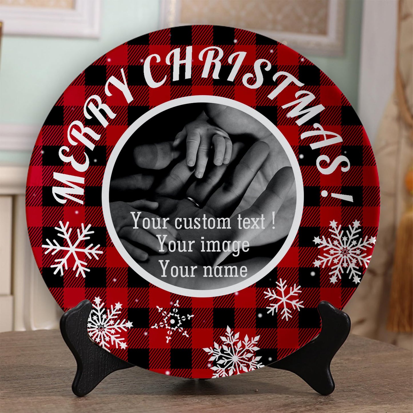 NIRVAFLORA Personalized Photo Ceramic Plate With Display Stand Customize Plaid Display Plate with Snowflake Custom Dinner Plate With Text Merry Christmas Gifts for Men Women Anniversary 6" 8" 10"