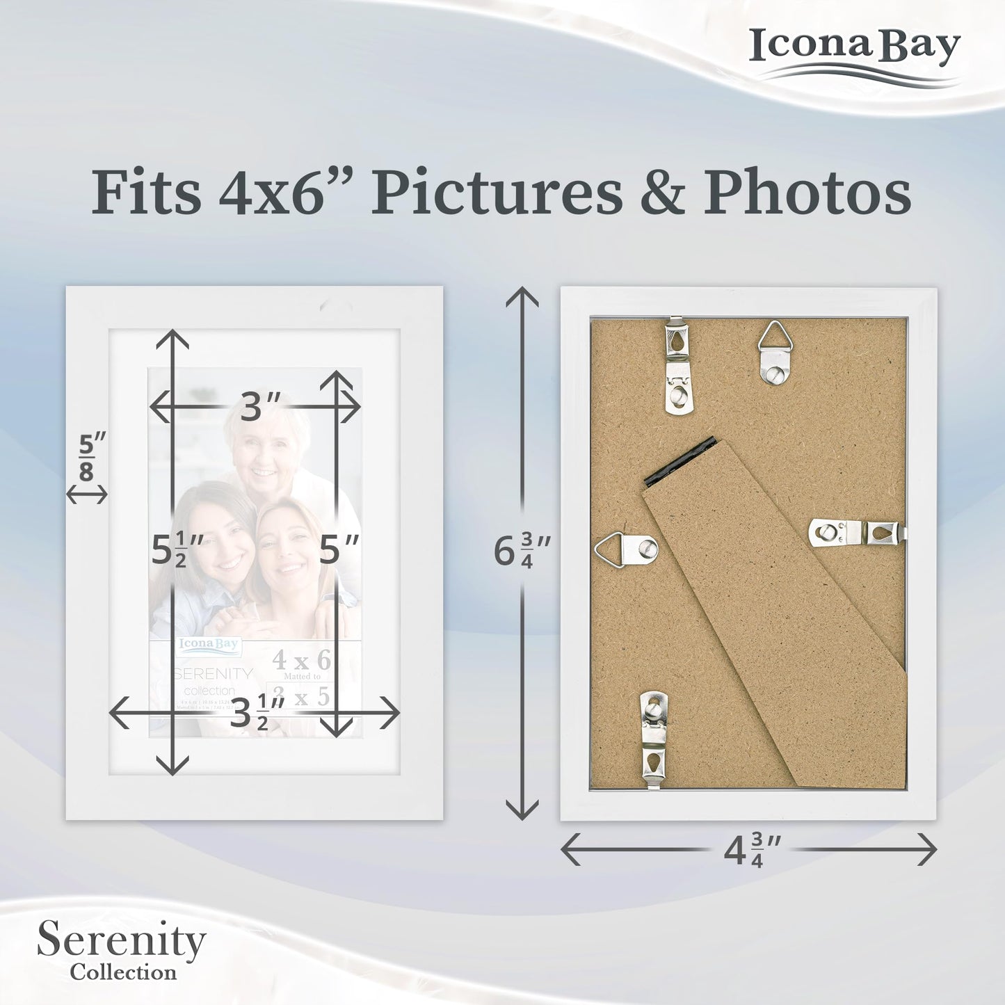 Icona Bay 4x6 Picture Frames w/Removable Mat for 3x5 Photos (White, 6 Pack), Sleek Modern Style Frames, Table Top or Wall Mount, Serenity Collection