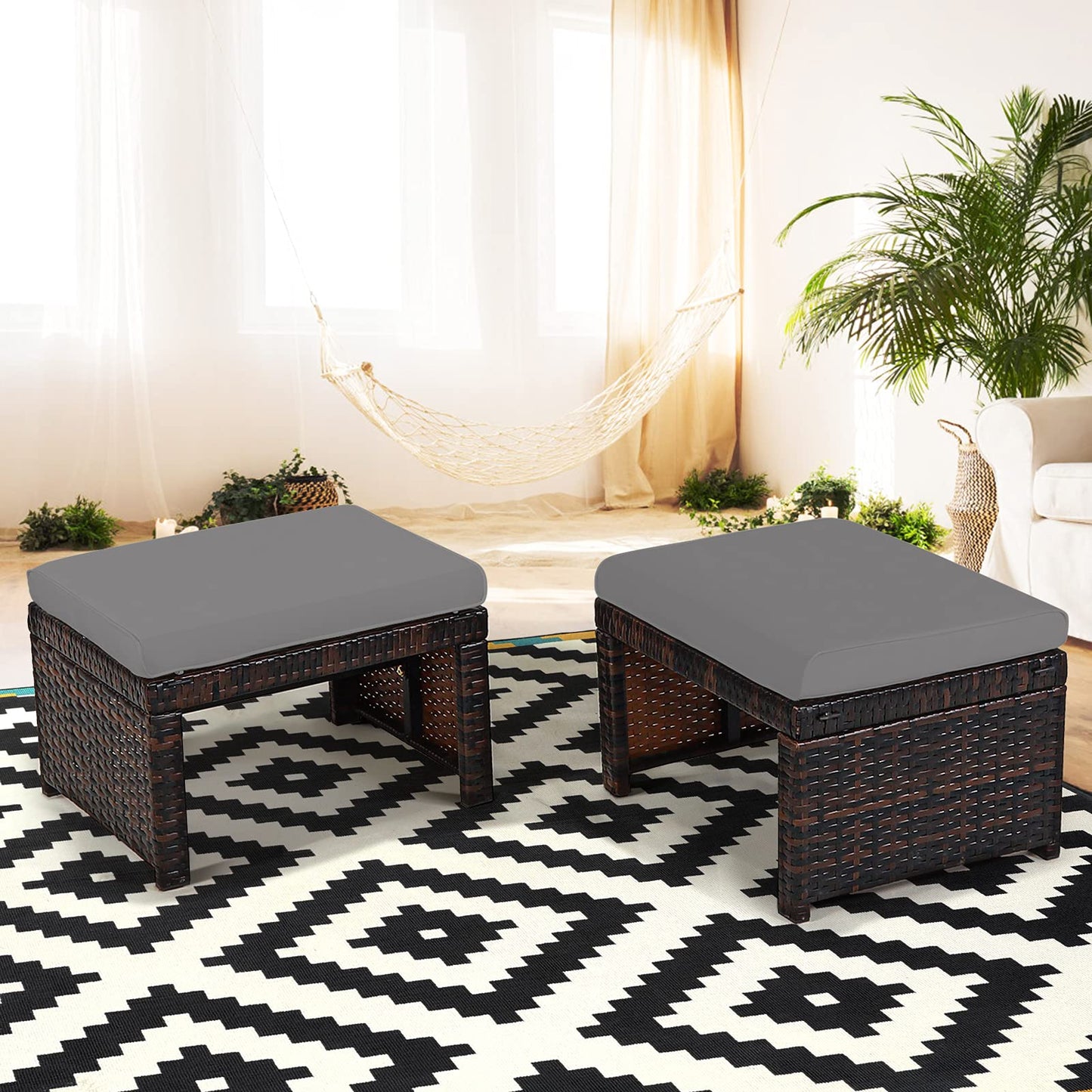 Tangkula 2 Pieces Patio Rattan Ottomans, All Weather Outdoor Footstool Footrest Seat with Soft Cushion, Hidden Zipper, High-Density Sponge, Wicker Ottoman Seat for Patio, Garden, Poolside (Grey)