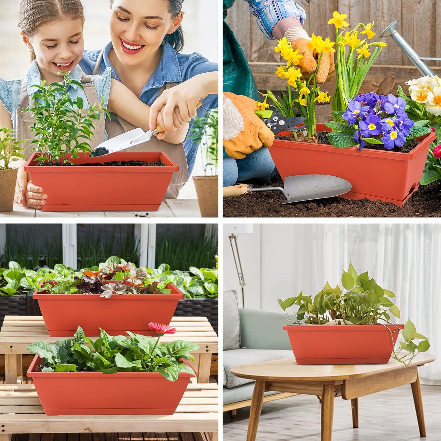 CHUKEMAOYI Window Box Planter, 7 Pack Plastic Vegetable Flower Planters Boxes 17 Inches Rectangular Flower Pots with Saucers for Indoor Outdoor Garden, Patio, Home Decor