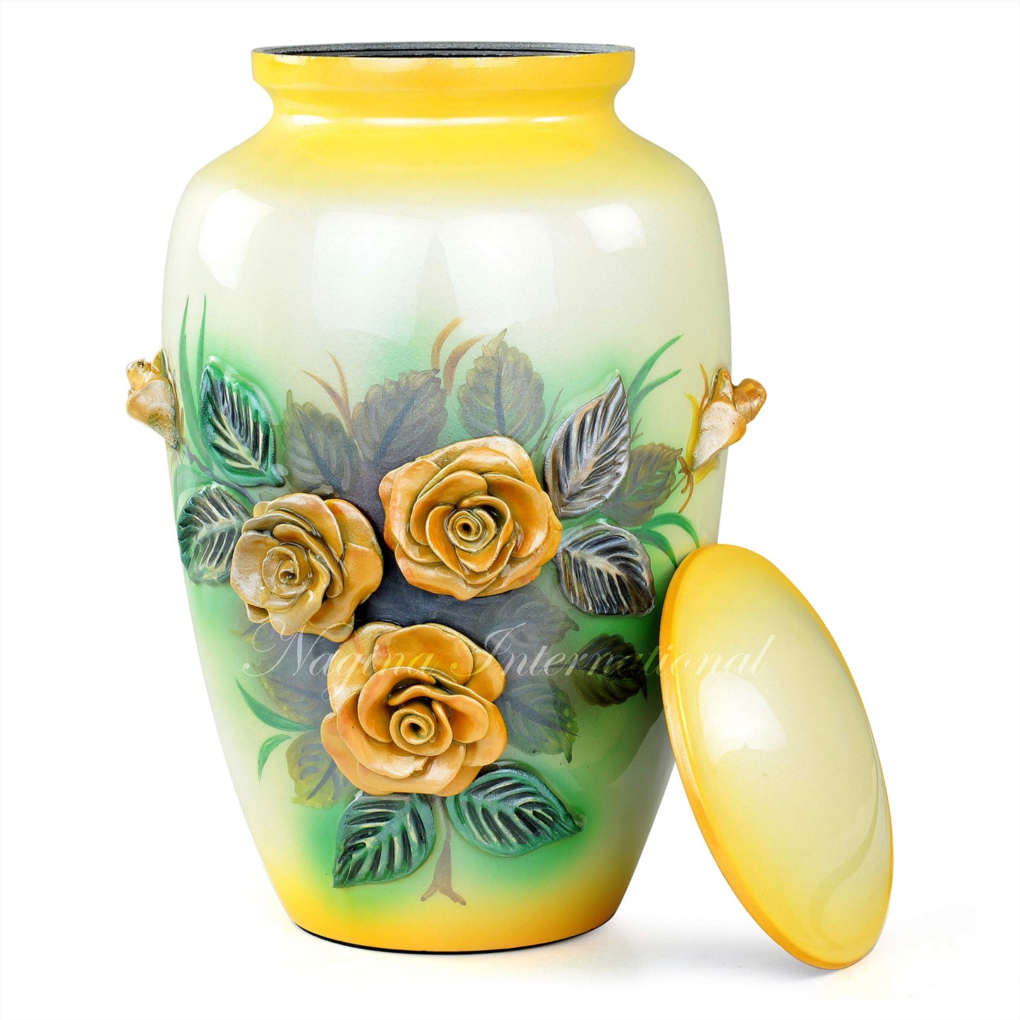 11" 3D Carved Decorative Flowers Aluminum Metal Cremation Urns for Human Ashes | Hand-Crafted Large Urn for Adult Cremation (Yellow Roses)