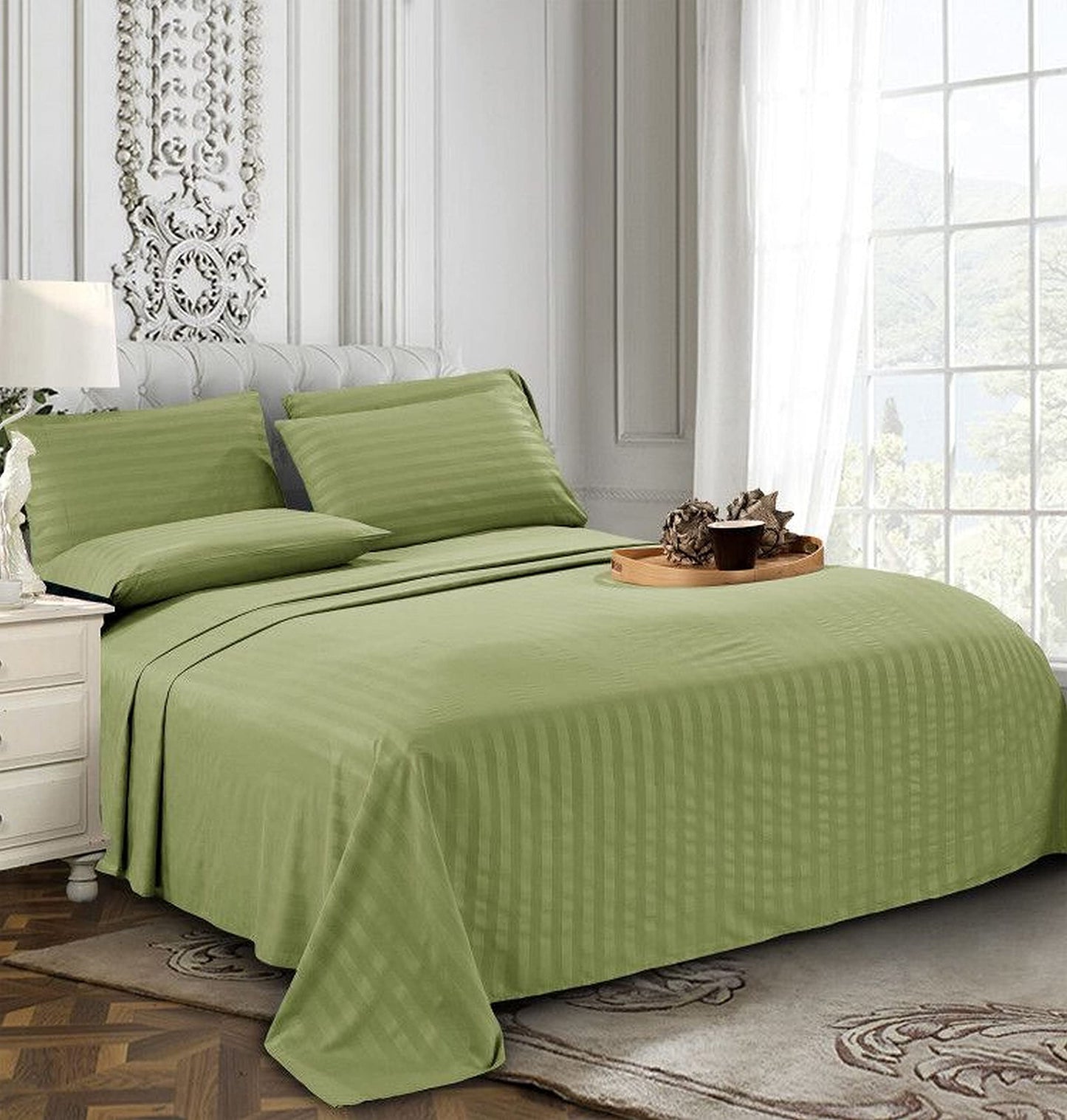 Elegant Comfort Best, Softest, Coziest 6-Piece Sheet Sets! - 1500 Premier Hotel Quality Luxurious Wrinkle Resistant 6-Piece Damask Stripe Bed Sheet Set, California King Sage/Green
