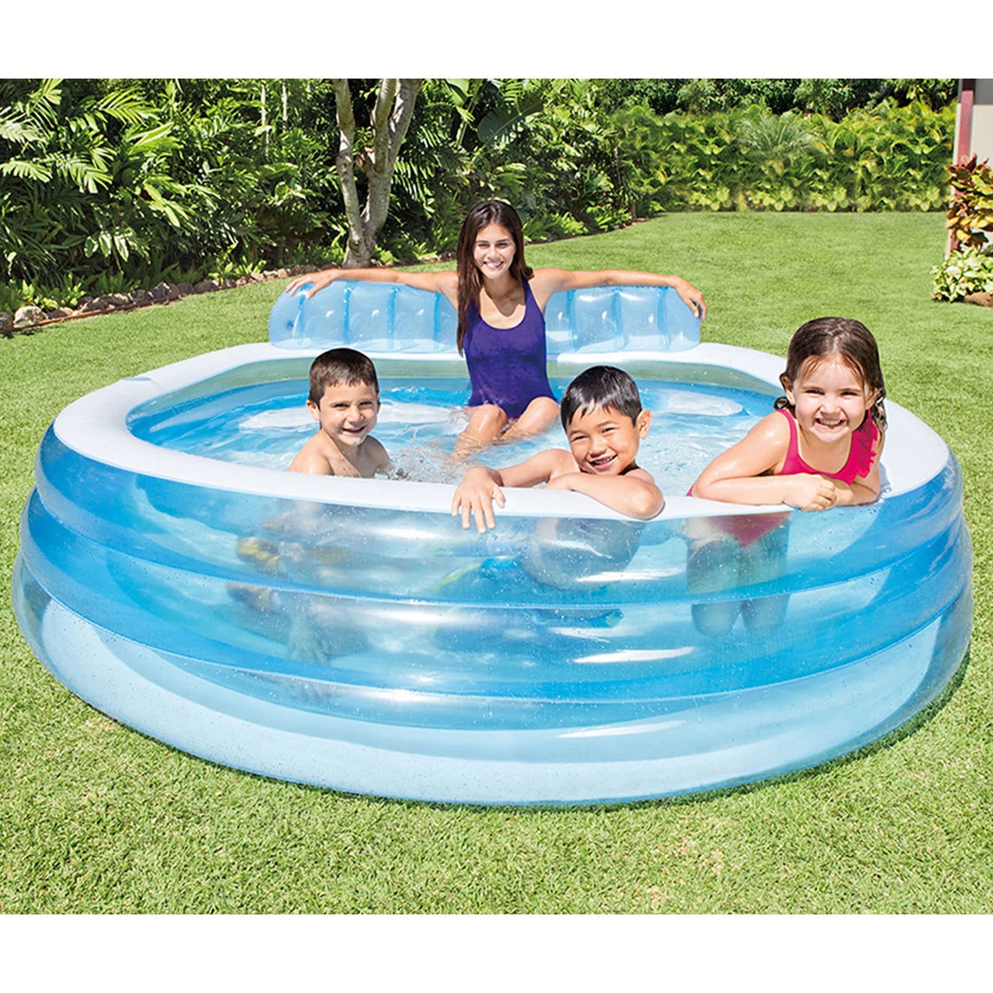 Intex Swim Center Inflatable Family Lounge Pool with Built In Bench, Cup Holder, and 2 Air Chambers for Pre Kindergarten Toys and Outdoor Use, Blue