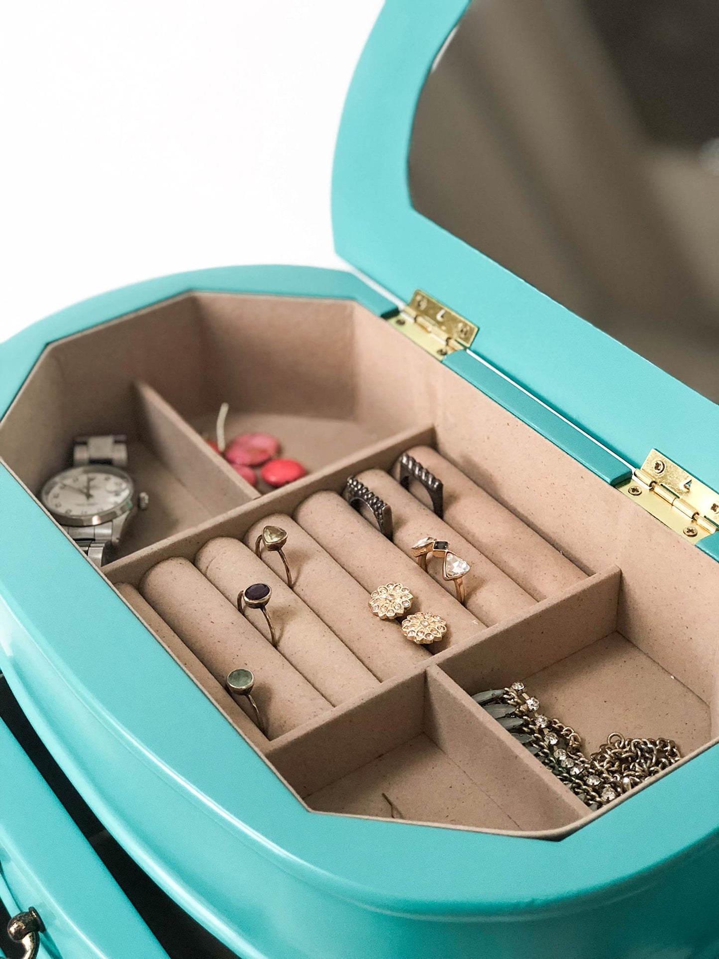 Hives & Honey Daphne Oval Glass Turquoise Jewelry Chest Jewelry Organizer Box Case Mirrored Storage