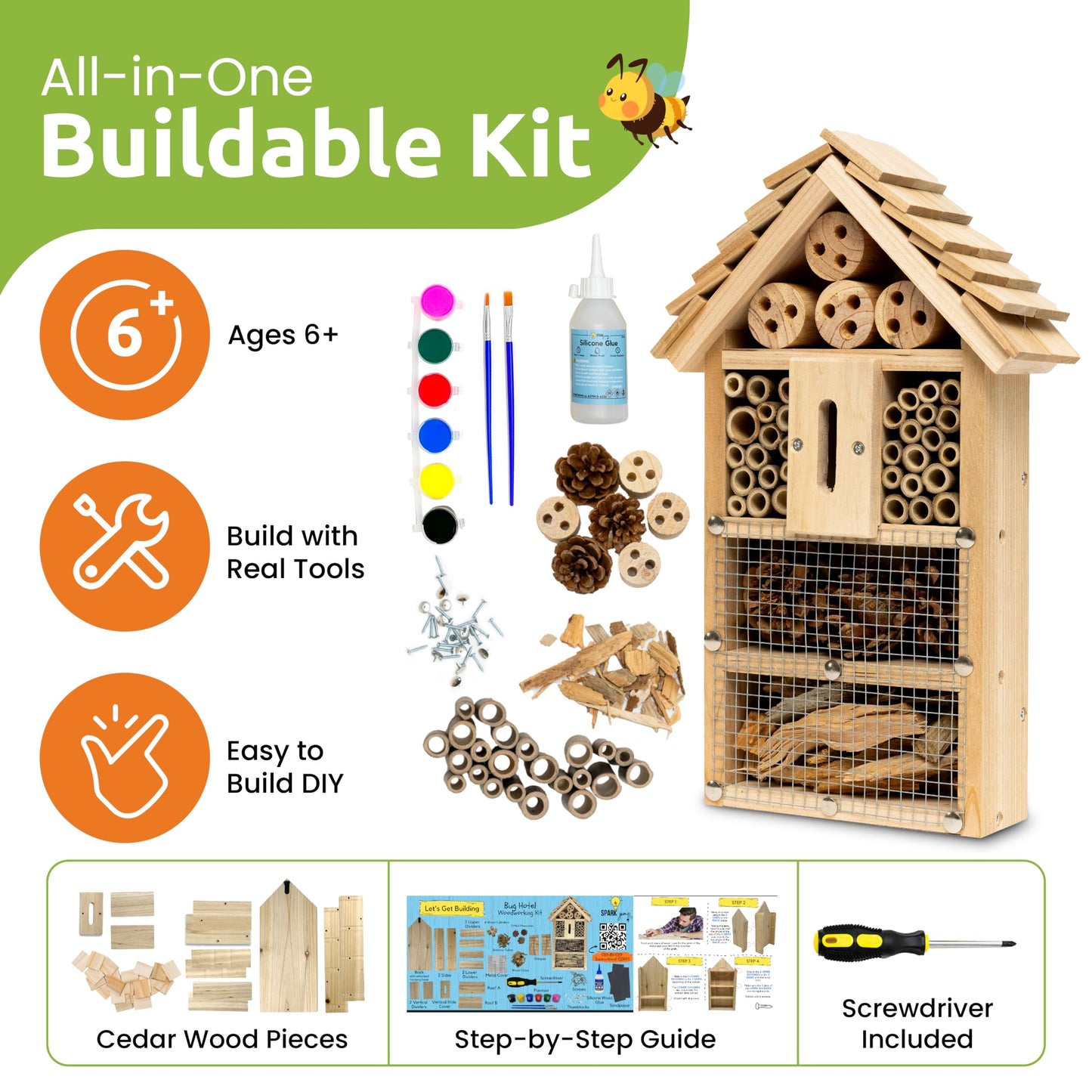 SparkJump Premium Bug Hotel Kit - DIY Solid Cedar Wood Craft Kit for Building Your Own Bee Hotel, Lady Bug House, or Mason Bee House - Educational Butterfly Hotel Kit for Parents & Teachers