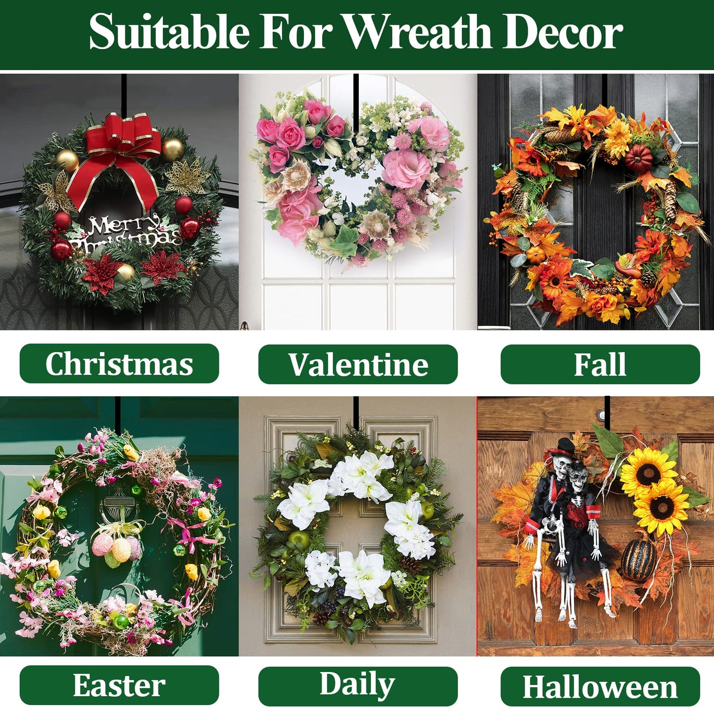 Wreath Hanger for Front Door, Adjustable Wreath Hanger from 15 to 25 Inches Wreath Hanger, 20 lbs Larger Door Upgrade Wreath Hanger Christmas Fall Wreaths Decorations Hook (Black)