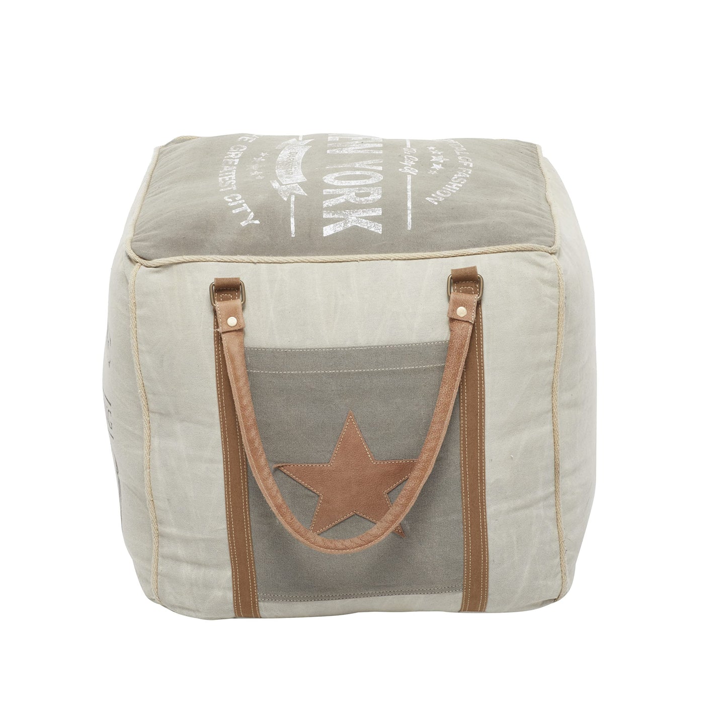 Deco 79 Canvas Pouf with Leather Handles, 21" x 21" x 19", Cream