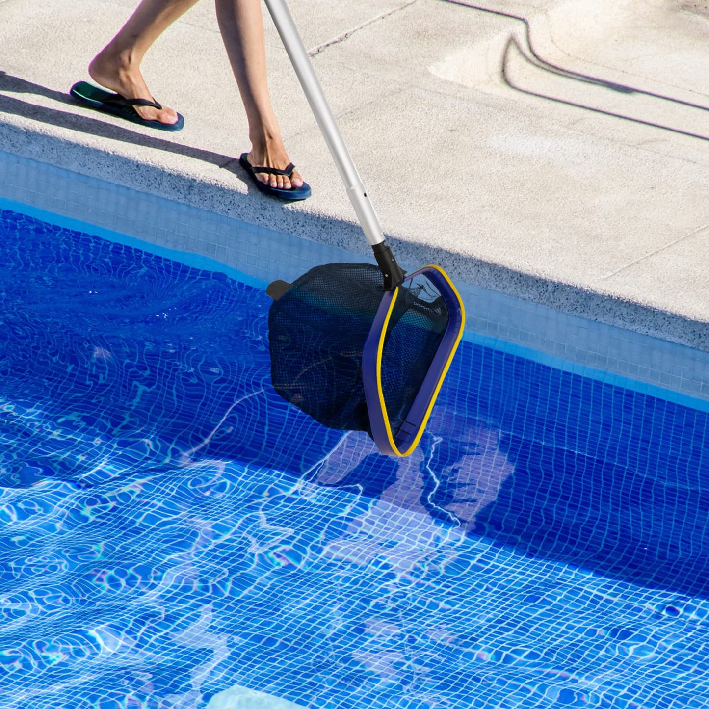 Poolvio Pool Deep Skimmer Net with 3ft - 10ft 1.0mm Thick Adjustable Aluminum Pole & Fine Mesh Bag Leaf Skimmer Rake Net for Above Ground & Inground Swimming Pools, Removes All Debris