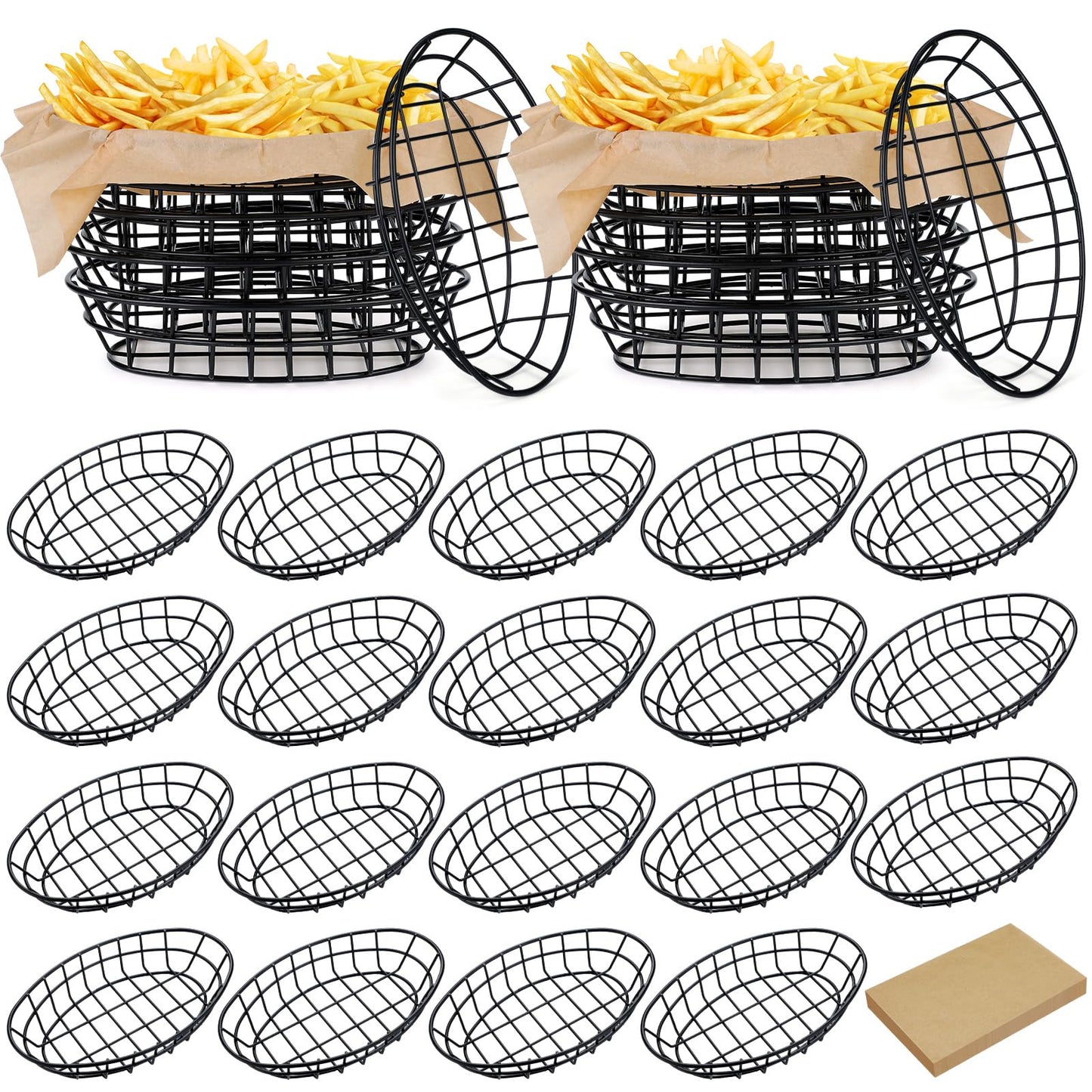 Hushee 24 Pcs Wire Bread Basket 9.5 x 6.2 x 2.2 Inch Oval Metal Dinner Roll Baskets for Serving Fruit Bowl Basket Storage with 100 Sheets Deli Wrappers Paper for Kitchen Table Fast Food (Black)