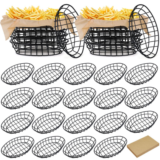 Hushee 24 Pcs Wire Bread Basket 9.5 x 6.2 x 2.2 Inch Oval Metal Dinner Roll Baskets for Serving Fruit Bowl Basket Storage with 100 Sheets Deli Wrappers Paper for Kitchen Table Fast Food (Black)