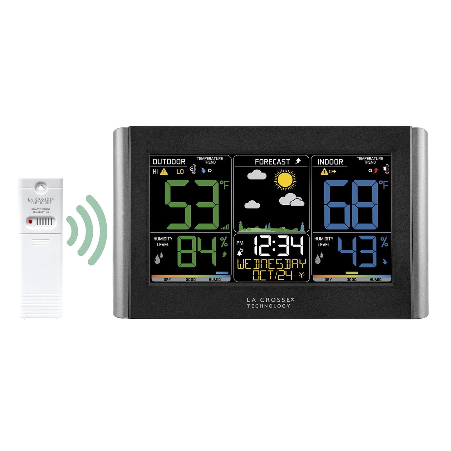 La Crosse Technology Weather Station with Customizable Alerts, Weather Forecast, Temperature, Dew Point, Humidity, Time, Heat Index, Large Display, Adjustable Brightness, Wireless, Black, C85845-INT