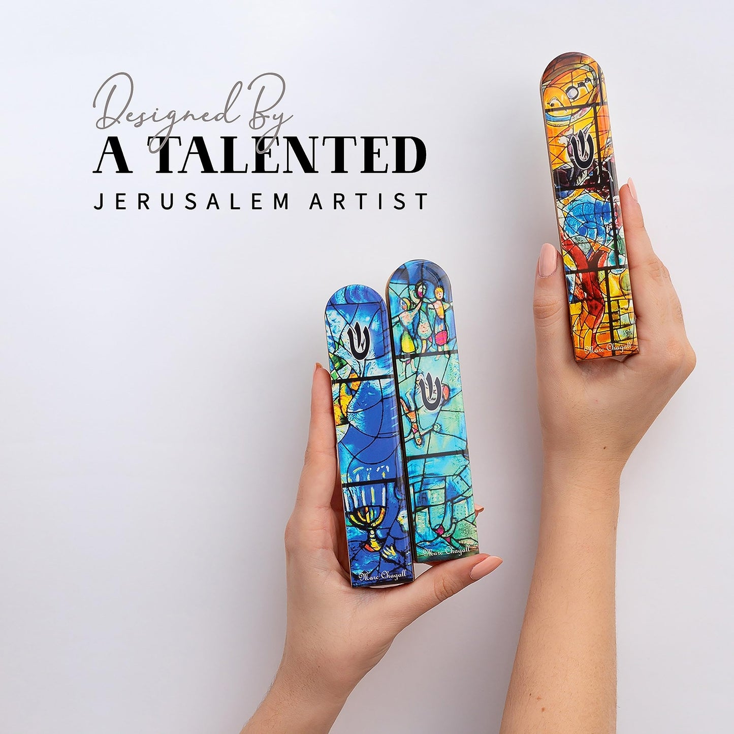 Wooden Mezuzah for Door | Contemporary 5 Inch Mezuzah Case with Non Kosher Scroll | Self Stick Mezuzahs for Easy Installation | Judaica Turquoise Chagall-Inspired Design, Packaged in a Gift Box