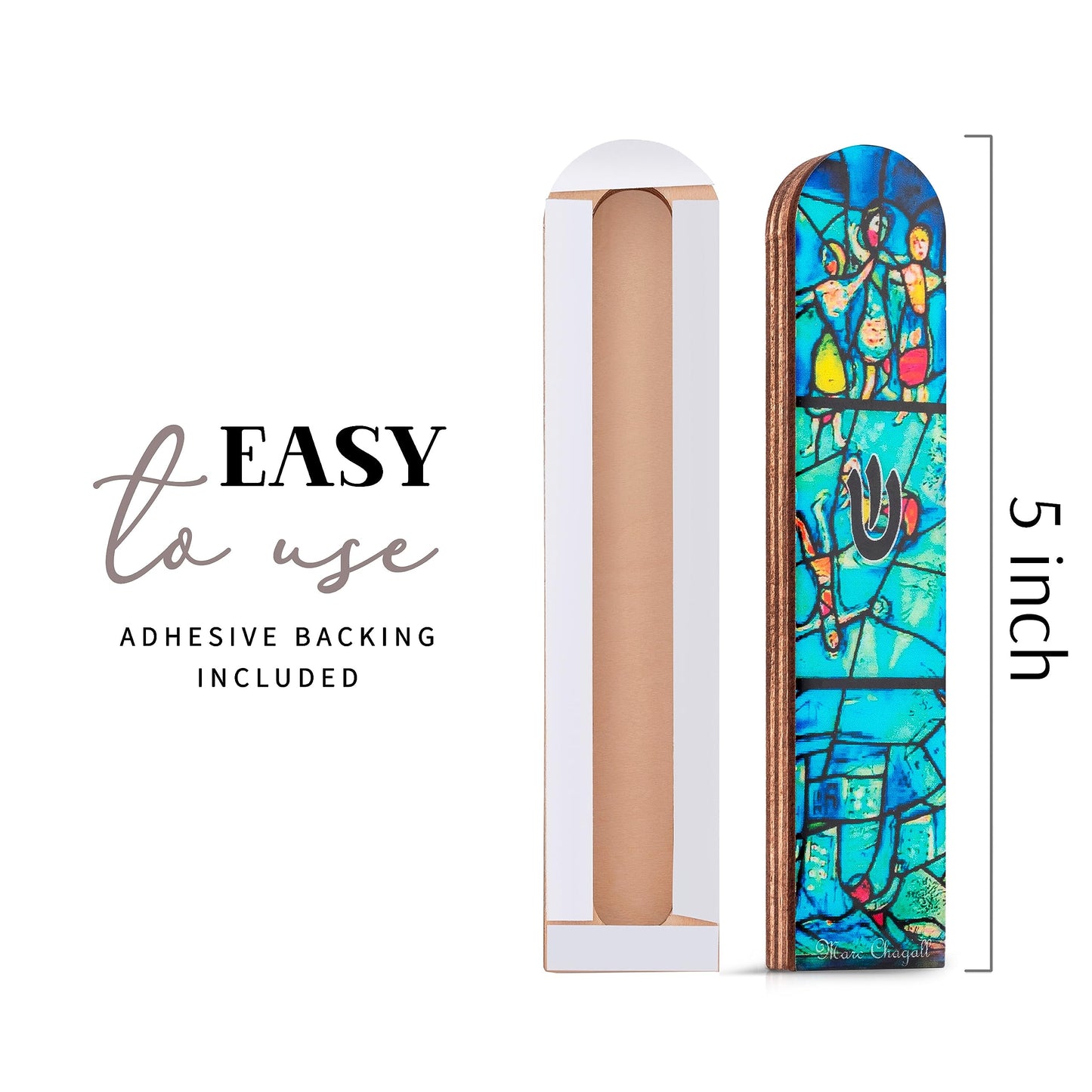 Wooden Mezuzah for Door | Contemporary 5 Inch Mezuzah Case with Non Kosher Scroll | Self Stick Mezuzahs for Easy Installation | Judaica Turquoise Chagall-Inspired Design, Packaged in a Gift Box