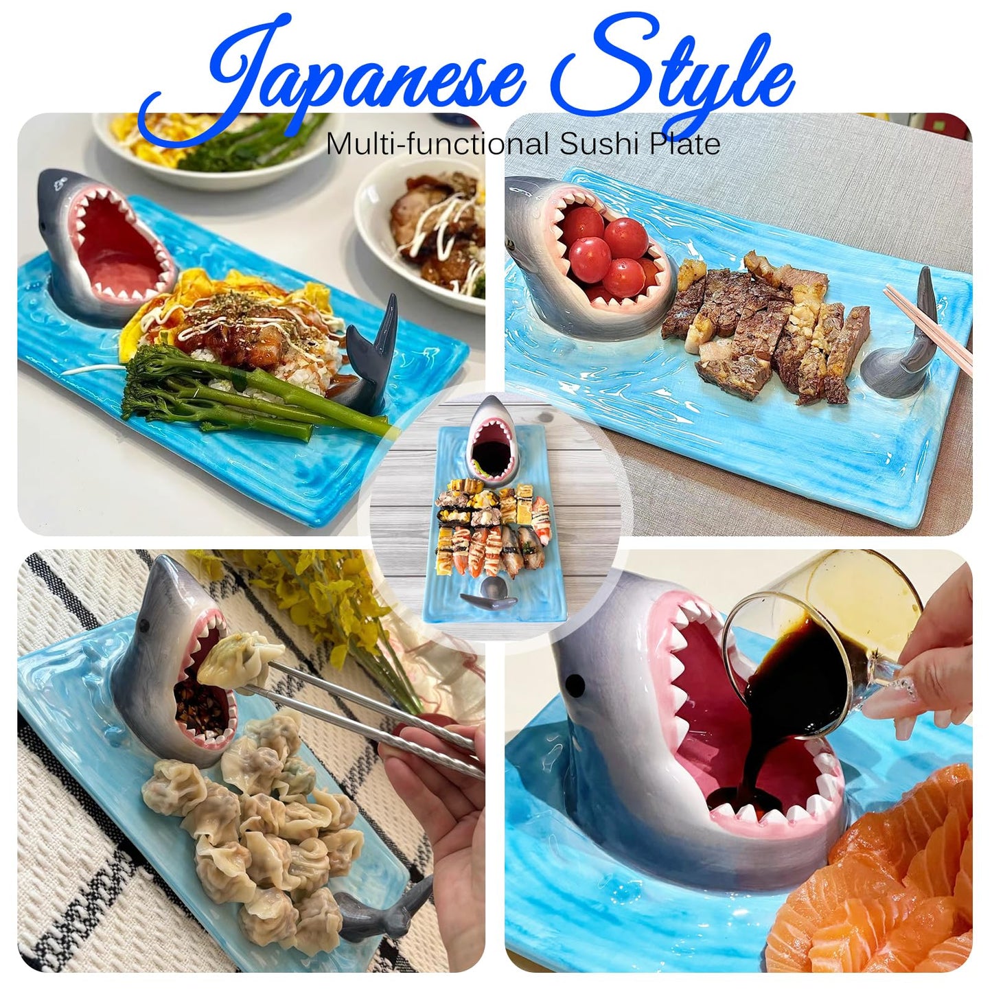 Shark Sushi Plate Ceramic Cute Japanese Blue Hand Painted Dinner Party Plates Food Safe Materials Soy Sauce Bowl and Chopstick Holder Large with Sushi Appetizer Birthday Plates Suitable for Microwave