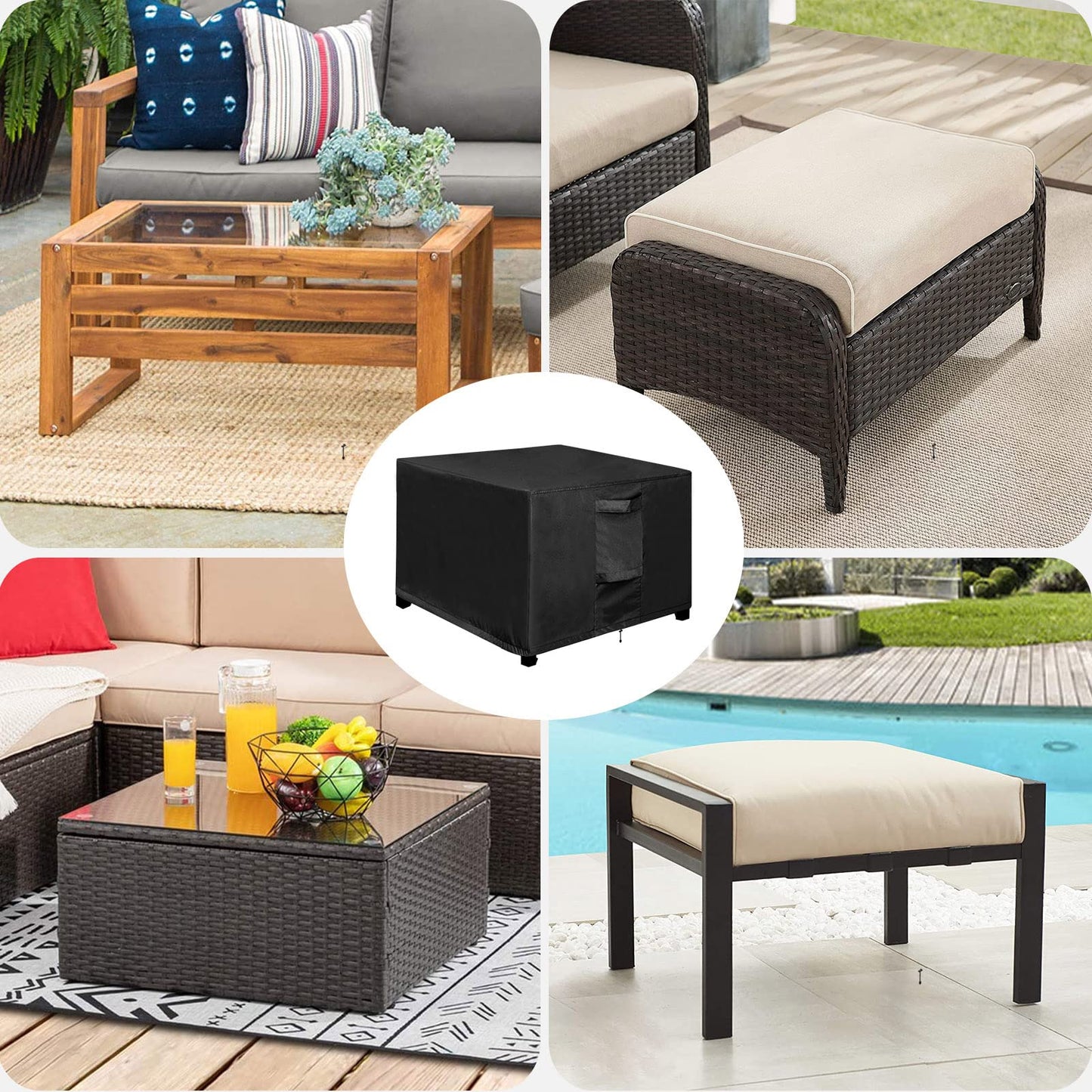 OutdoorLines Outdoor Waterproof Patio Ottoman Covers - Square UV-Proof Patio Side Table Cover Windproof Heavy-Duty Furniture Covering Protector 25L x 25W x 17H Inch, Black