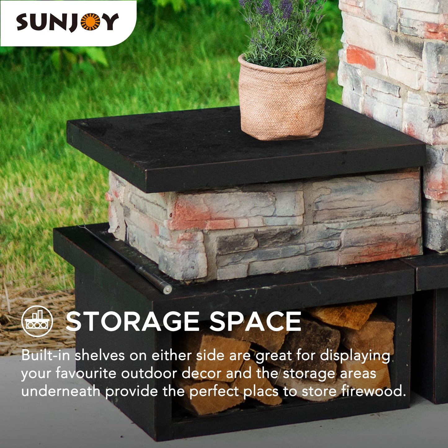 Sunjoy Outdoor Fireplace, Patio Wood Burning Fireplace with Steel Chimney, Mesh Spark Screen Doors, Fire Poker, and Removable Grate, Copper and Black