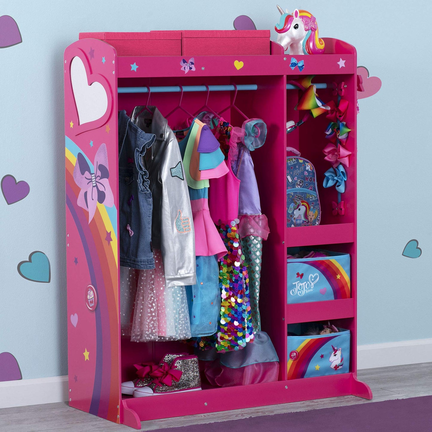 JoJo Siwa Dress and Play Boutique by Delta Children Pretend Play Costume Storage Wardrobe for Kids with Mirror & Shelves