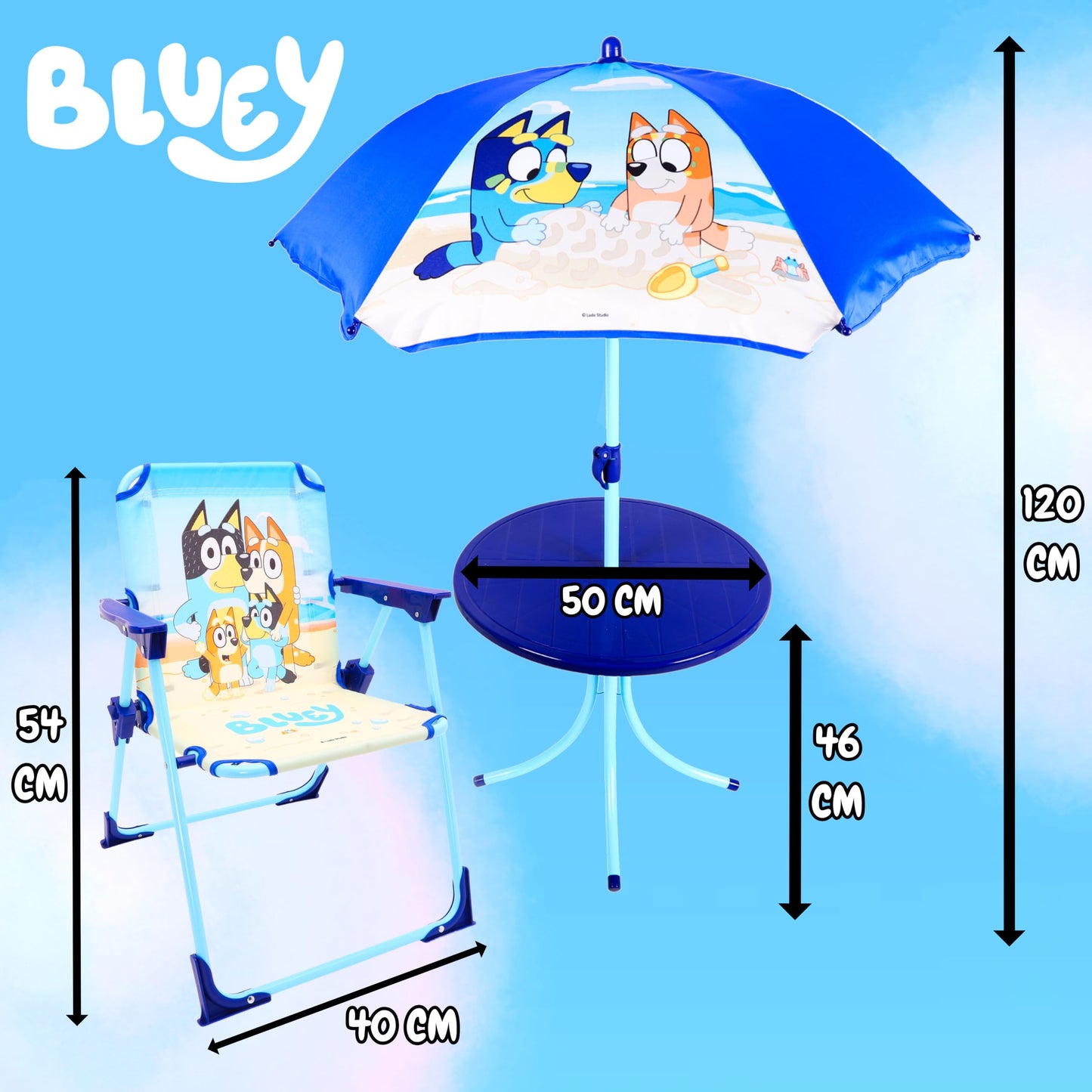 Toyland® Bluey & Bingo Table & Chairs Patio Set - 1 Table, 2 Chairs & 1 Parasol - Children's Indoor & Outdoor Furniture - Perfect for Beach & Garden