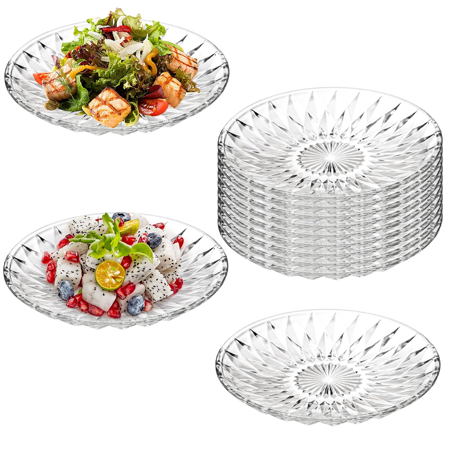 Hiceeden Set of 12 Crystal Glass Salad Plate, 8 Inch Round Clear Dessert Plates Restaurant Serving Party Plates for Fruits, Snacks