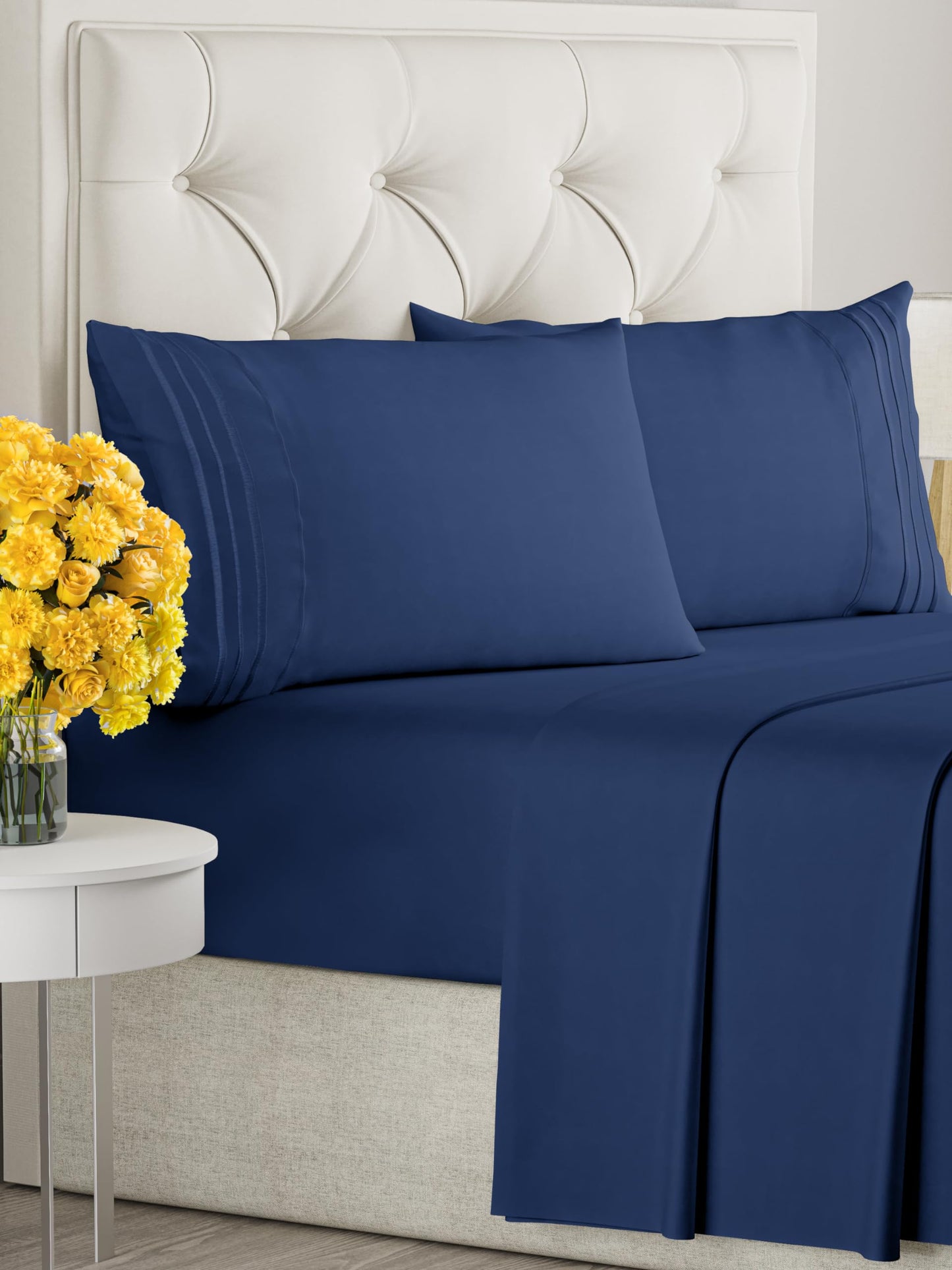 Cal King Size 4 Piece Sheet Set - Comfy Breathable & Cooling Sheets - Hotel Luxury Bed Sheets for Women & Men - Deep Pockets, Easy-Fit, Soft & Wrinkle Free Sheets - Navy Blue Oeko-Tex Bed Sheet Set