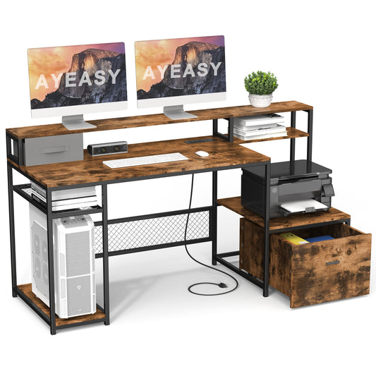 AYEASY Home Office Desk with Monitor Stand Shelf, 66 inch Large Computer Desk with Power Outlet and USB Charging Port, Table with Storage Shelves and Drawer, Study Work Desk, Rustic Brown