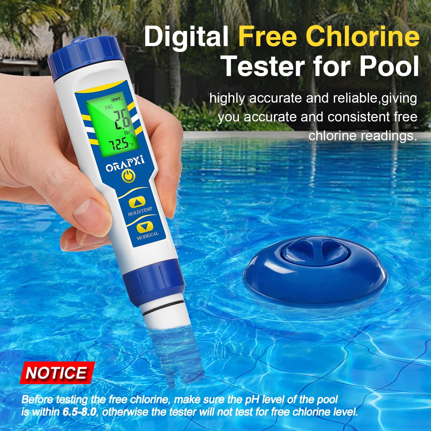 Free Chlorine Meter pH and Salinity Tester ORAPXI 7 in 1 Multi-Parameter Pool Water Tester Pool Free Chlorine pH Meter Saltwater Pool Test Kit for Swimming Pool, Hot Tub, Spas