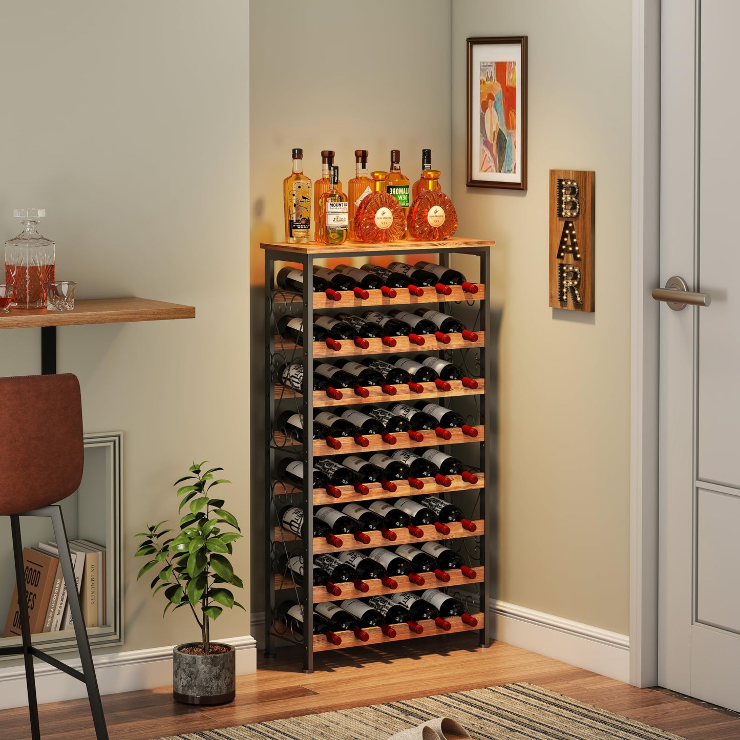 48 Bottles Floor Wine Rack with Wood Top, Freestanding Wine Bottle Organizer Shelf, Wobble-Free 8 Tier Wine Display Storage Stand for Kitchen Pantry, 25.2''L x 10.7''W x 47.2''H