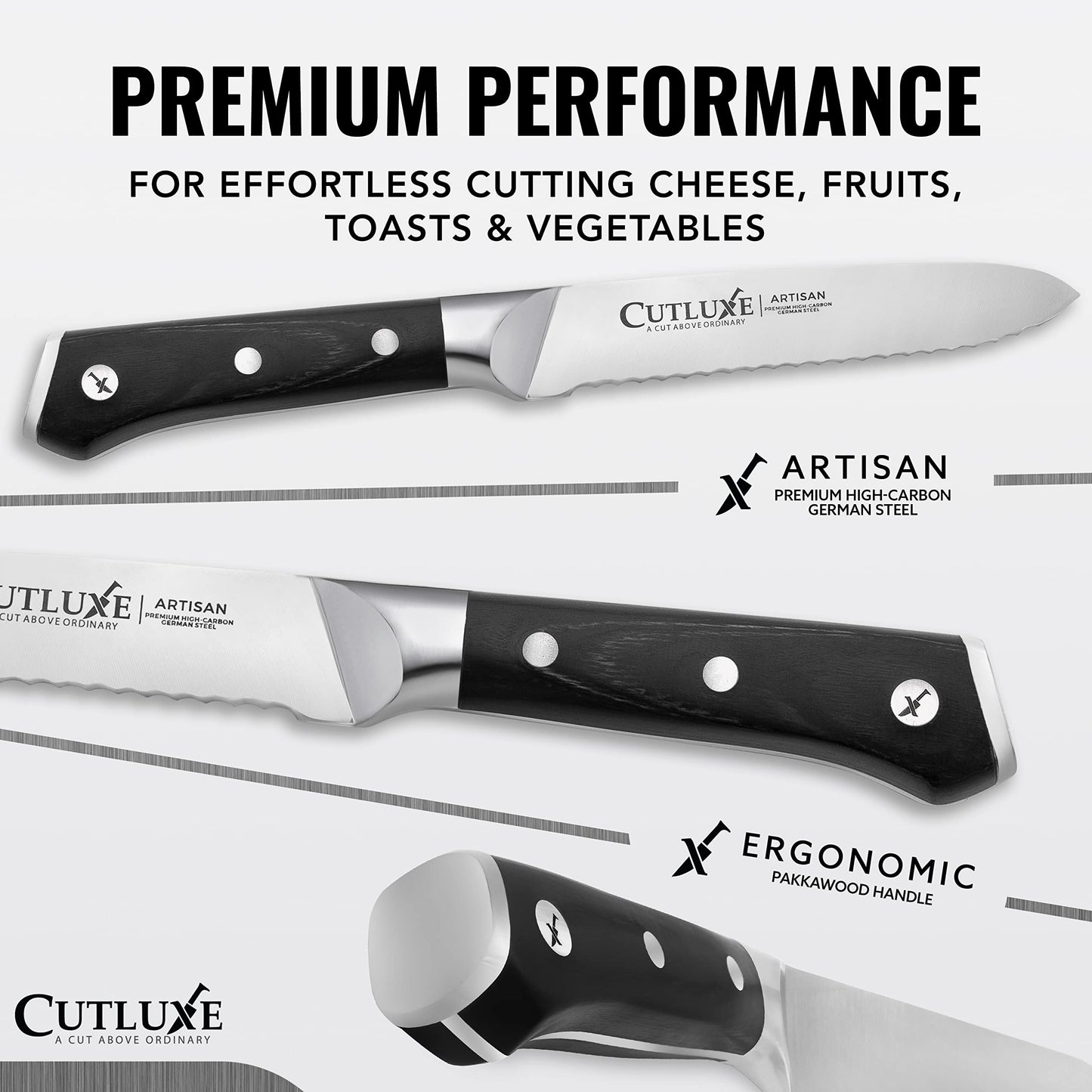 Cutluxe Serrated Kitchen Utility Knife, 5" Tomato Knife – Forged High Carbon German Steel – Full Tang & Razor Sharp – Ergonomic Handle Design – Artisan Series