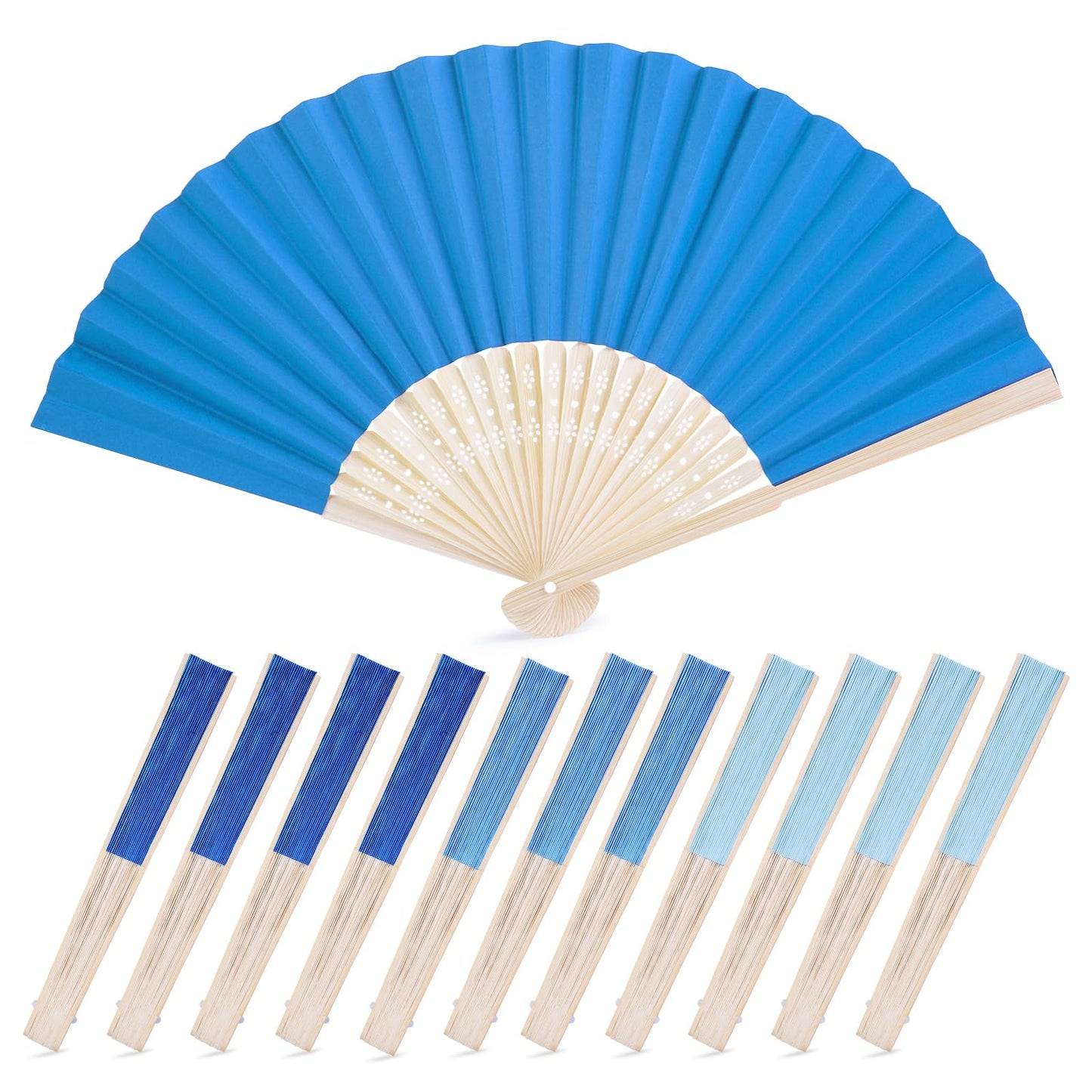 JOHOUSE 12PCS Folding Paper Fans, Handheld Paper Fan Foldable Decorative Fans Blue Bamboo Fan for Summer Beach Party Dancing DIY Wall Decoration