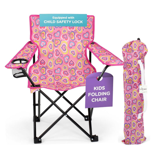 Emily Rose Kids Folding Chair | Beach Chair with Safety Lock- Camping Chair for Boyos Girls Toddler with Cup Holder & Carry Case- Tailgate, Travel, Lawn- for Indoor & Outdoor (Playful Hearts)