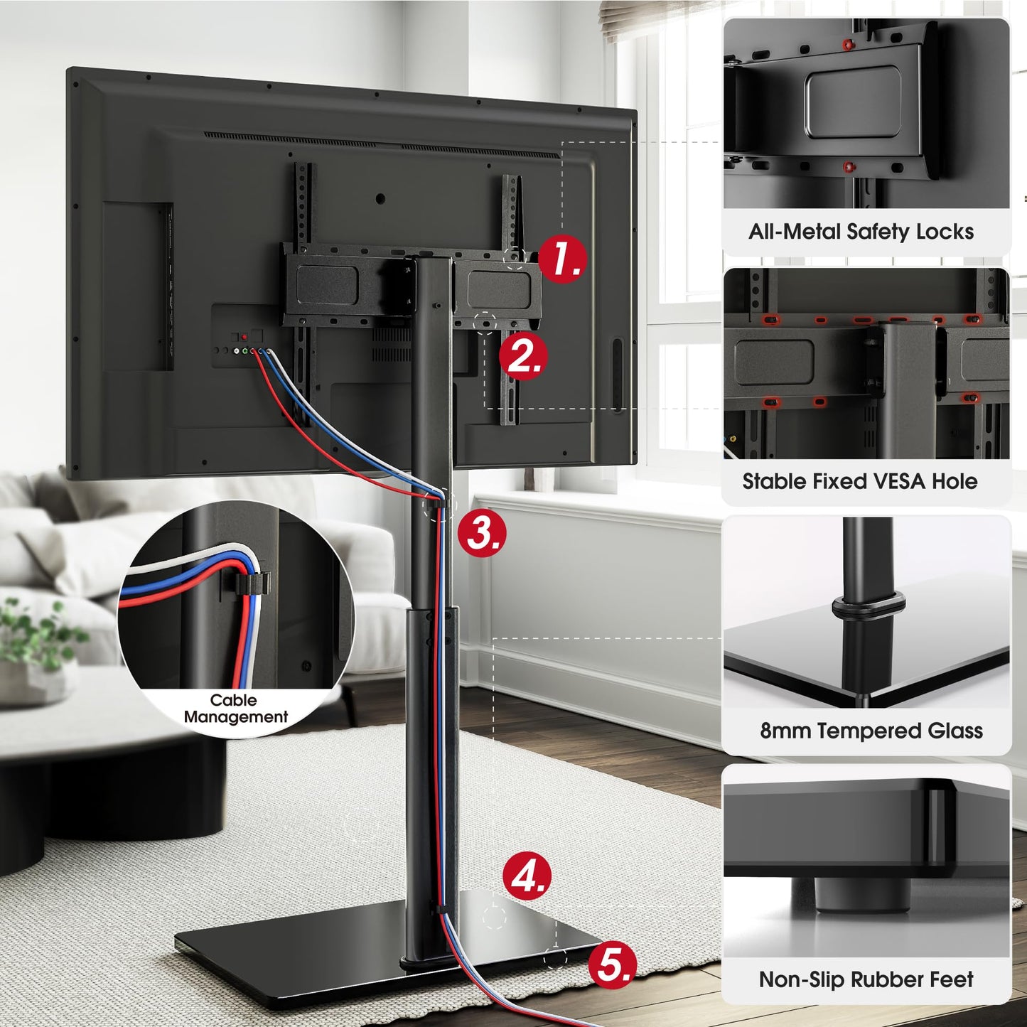 AOKCOS Floor TV Stand for 32-70" TVs, 60 Degree Swivel Floor Standing TV Stand with Tilting, 8 Level Height Adjustable Tall TV Stand for Living Room/Bedroom, Holds up to 88 lbs, MAX VESA 400x400mm