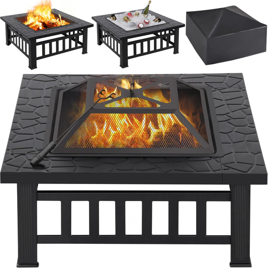 Yaheetech Multifunctional Fire Pit Table 32in Square Metal Firepit Stove Backyard Patio Garden Fireplace for Camping, Outdoor Heating, Bonfire and Picnic