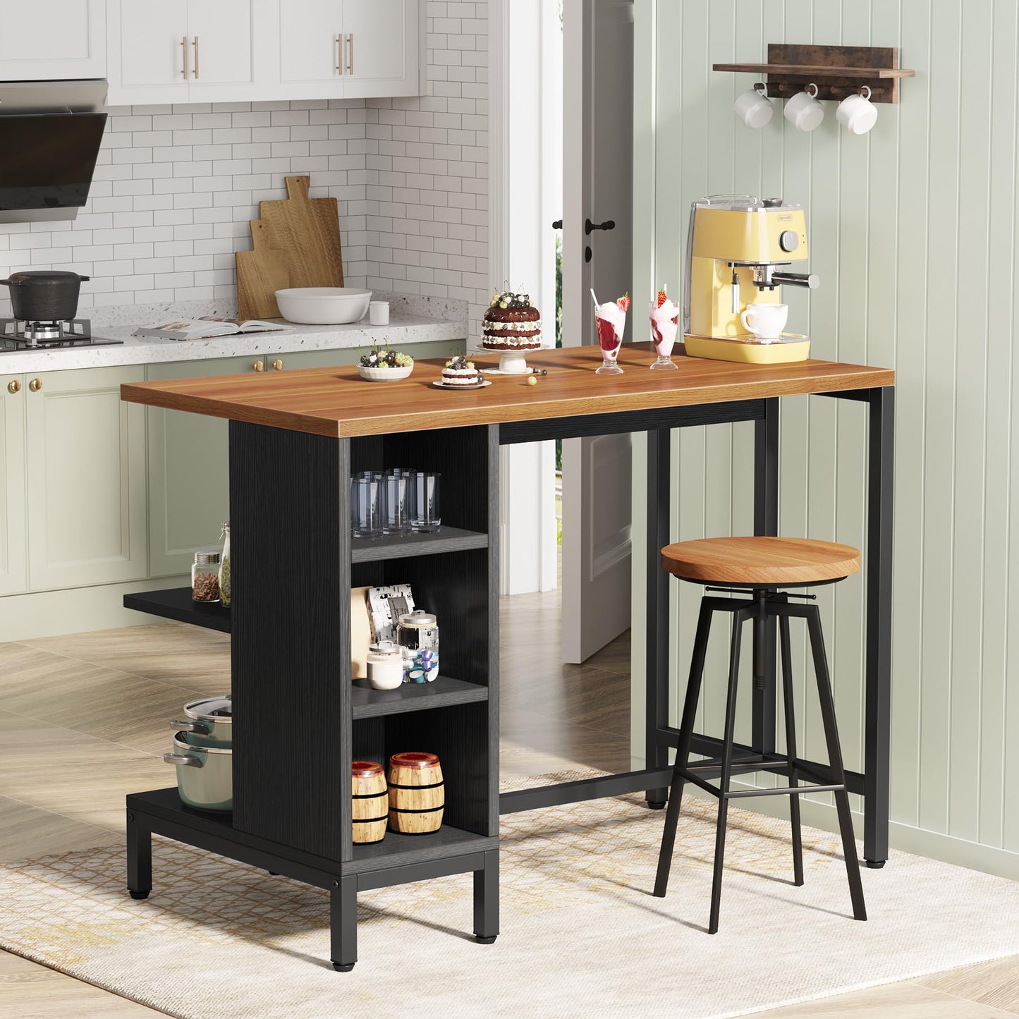 Tribesigns Kitchen Island with Shelves, 43 Inch Kitchen Shelf Kitchen Prep Table with 5 Open Storage Shelves and Large Worktop, Industrial Butcher Block Island, Dark Walnut (Stools Not Included)