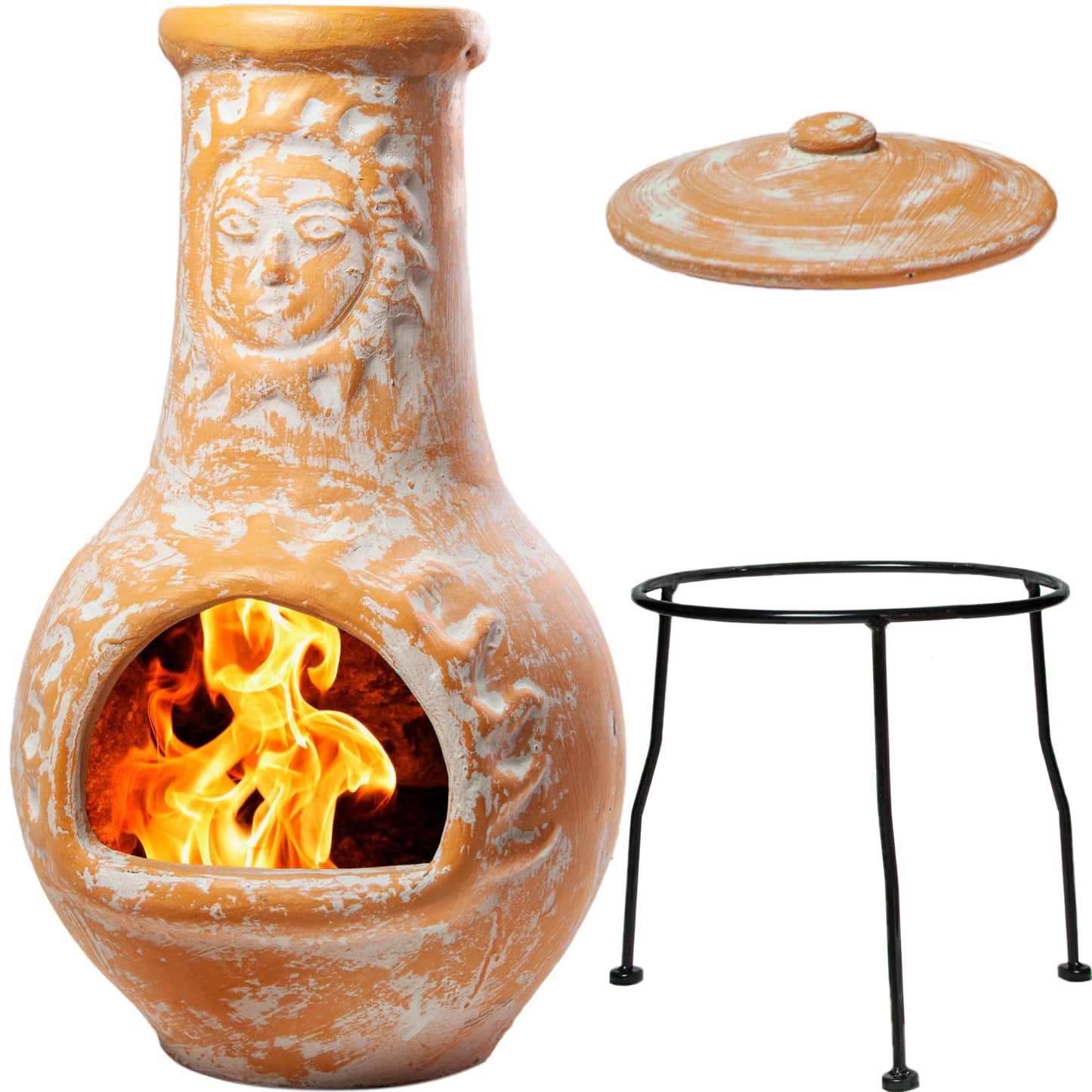 Wiosi Medium Chiminea Outdoor Fireplace Clay Chimineas with Chimney Rain Lids and Solid Metal Stands - Yellow Terracotta Chimenea - Rustic Fire Pit Chimnea 16 x 16 x 32-inch