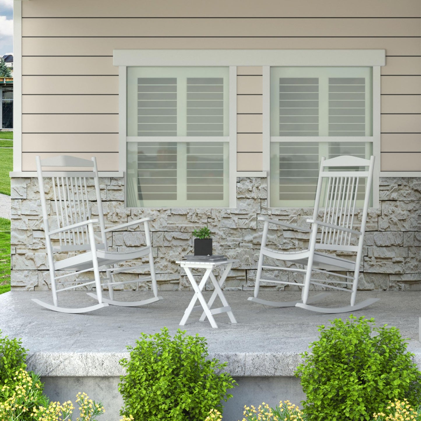 MUPATER Outdoor Rocking Chair Set 3-Piece Patio Wooden Rocker Bistro Set with Foldable Table and Curved Seat, White