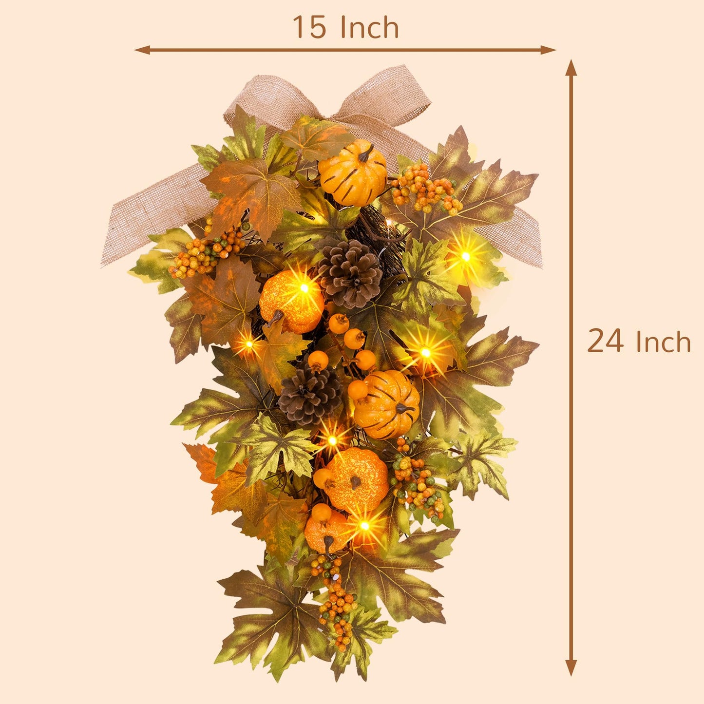 YULETIME 24" Pre-lit Decorative Teardrop Swag, Battery Operated Autumn Theme Swag with Fairy Lights, Artificial Small Pumpkin, Flaxen Bow, Natural Rattan, Orange Berries, Maple Leaves (Pumpkin)