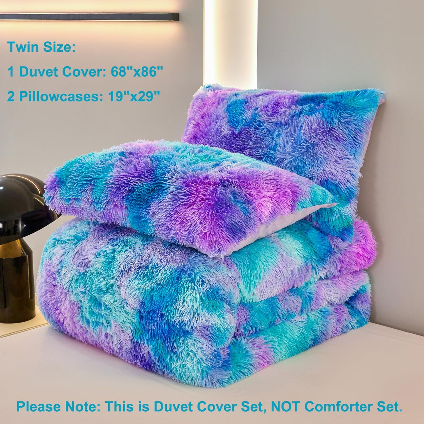 SUCSES Blue Purple Fluffy Twin Bedding Sets for Girls 3Pcs Faux Fur Plush Shaggy Kids Duvet Cover Set Twin Size Tie Dye Velvet Furry Comforter Cover Set (Blue Purple, Twin)