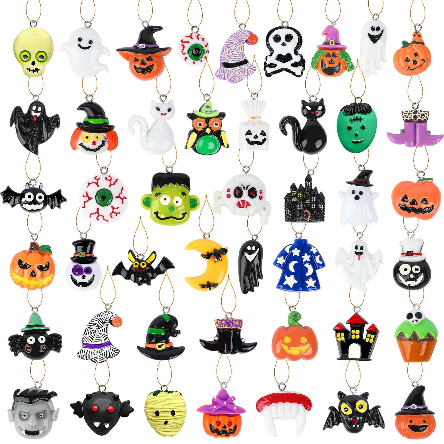 DTOFOOT 36PCS Mini Resin Halloween Ornaments Tiny Halloween Hanging Ornaments for Tree Halloween Miniatures Figurines Charms with String Resin Hanging Pendants for Halloween Party Decorations