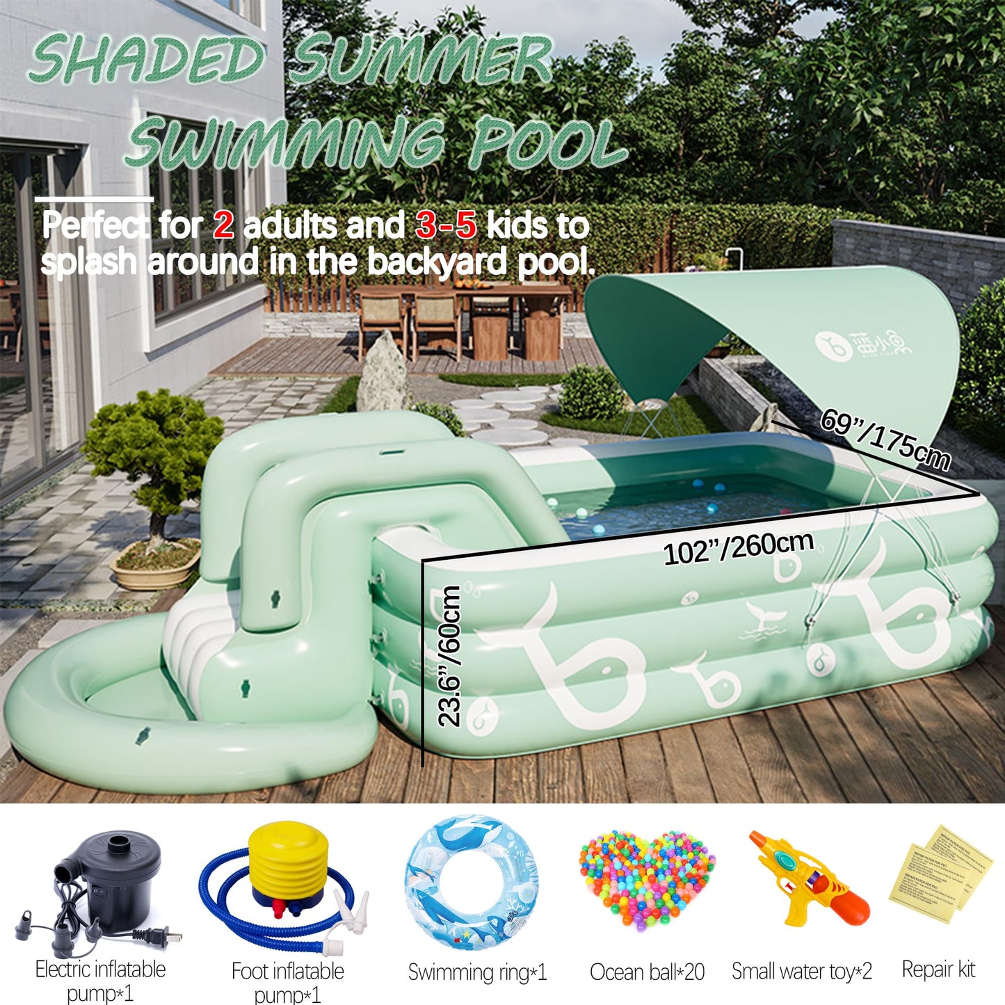 Inflatable Pool with Canopy and Slide - Large Inflatable Swimming Pool for Persons, Durable Thickened 102"x 69"x 24" Inflatable Family Pool for Backyard, Outdoor