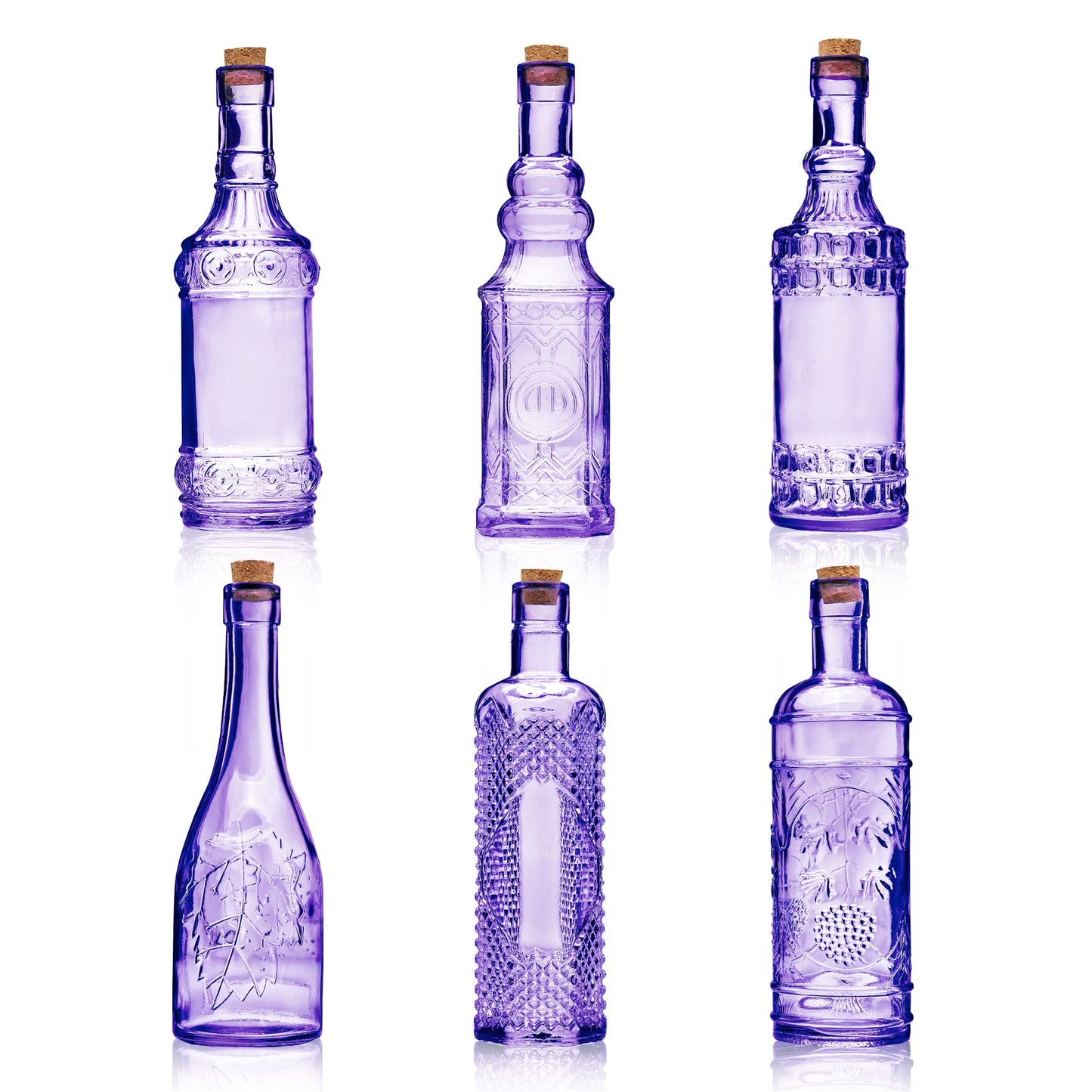 BULK PARADISE Assorted Purple Glass Bottles with Corks, 6 Pack, 2.5in X 9in, 16oz