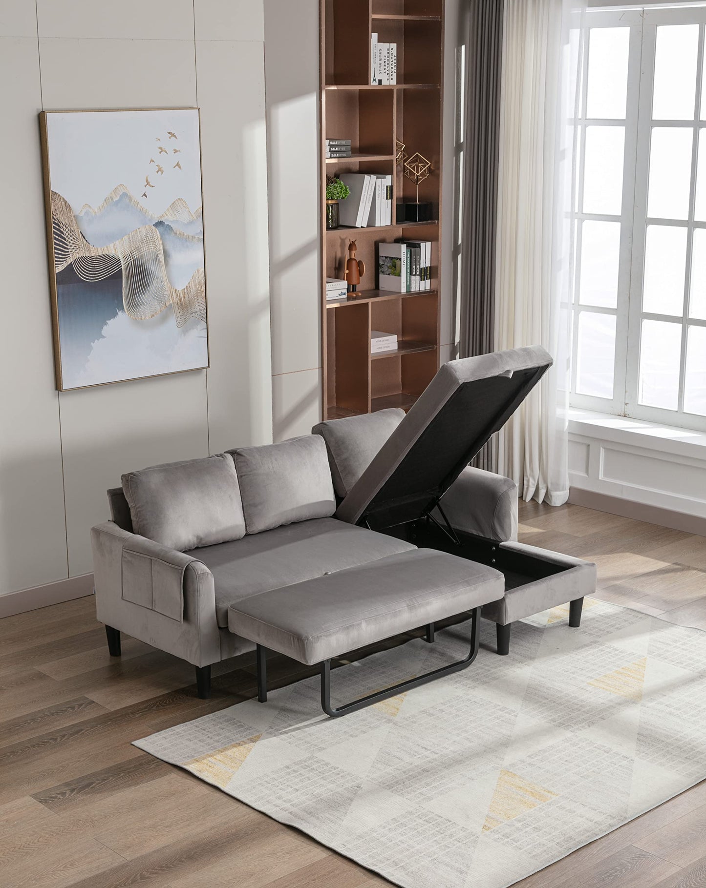 Zaprosze Combination Sofa Bed, Pull-Out Sofa, 3-Seater Sofa, Upholstered L-Shaped Reversible Combination Sleeper Sofa, Combination Sofa with Storage, Gray