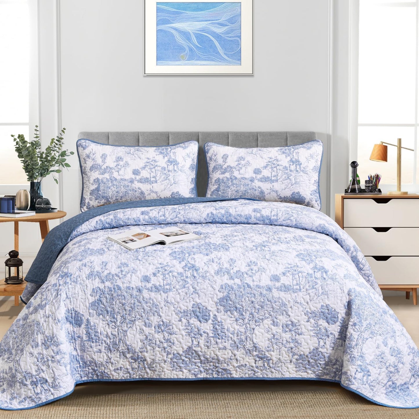 WONGS BEDDING Blue Quilt Set Full Size, 3 Pieces Botanical Bedspreads Set Lightweight Microfiber Blue Plants Pattern Coverlet Home Decor for All Seasons (90"x78")