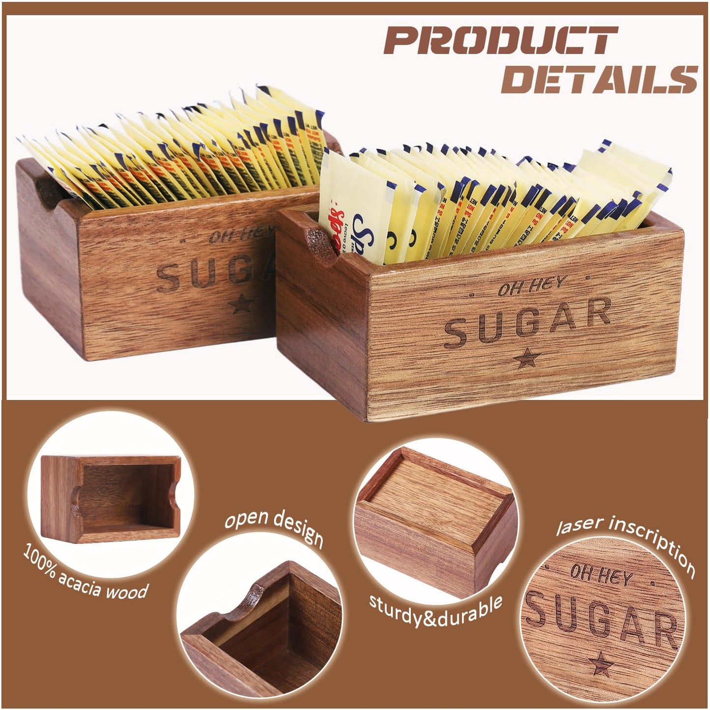 Sugar Packet Holder For Coffee Bar, Acacia Wood Sugar Packets Caddy, Farmhouse Sugar Cube Holder, Small Sugar Container Tea Bag Organizer for Table, Office,Hotel, Restaurant