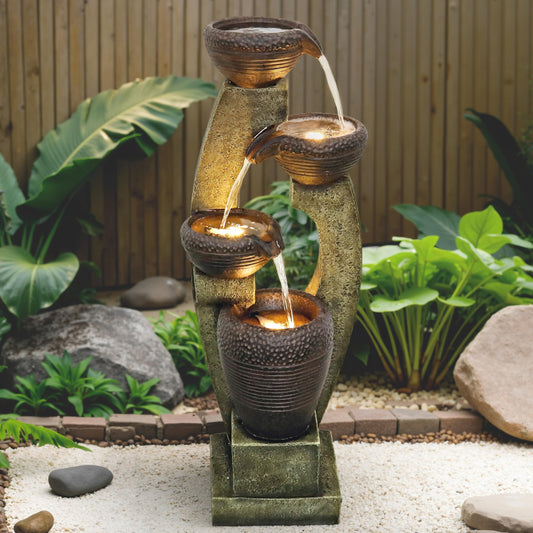 Naturefalls 40” H Modern Outdoor Fountain - 4 Crocks Outdoor Garden Fountains with Contemporary Design&LED Light for Garden, Patio, Deck, Porch, Backyard and Home Art Decor (40in, Light Gray)