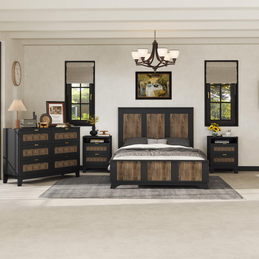 Harper & Bright Designs 4-Pieces Bedroom Sets, Full Size Platform Bed with 2 Nightstands and A 6-Drawer Dresser, Full Size Bedroom Set with Wooden Strip Decoration, Black