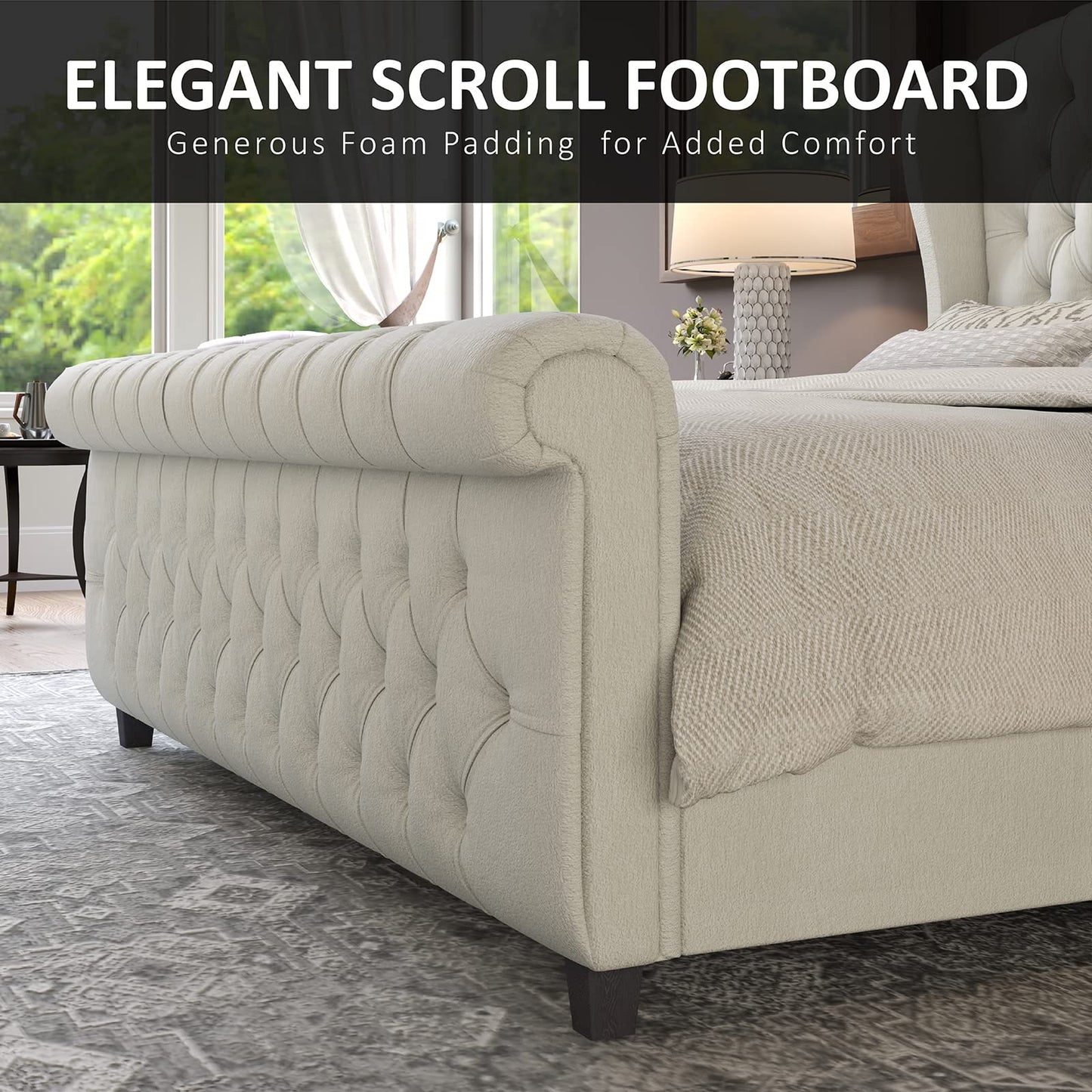 AMERLIFE King Size Platform Bed Frame, Chenille Upholstered Sleigh Bed with Scroll Wingback Headboard & Footboard/Button Tufted/No Box Spring Required/Cream