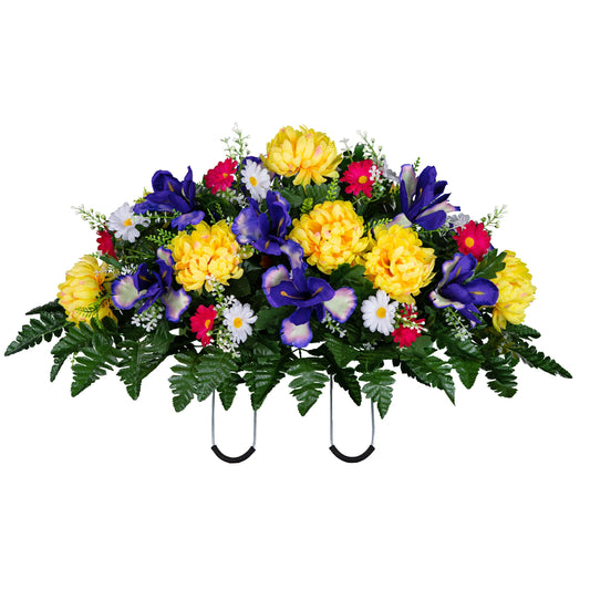 Sympathy Silks 30" Spring Headstone Flowers Saddle - Purple Iris, Yellow Mum, Daisies - Grave Flowers - Mother's Day Spring Flowers