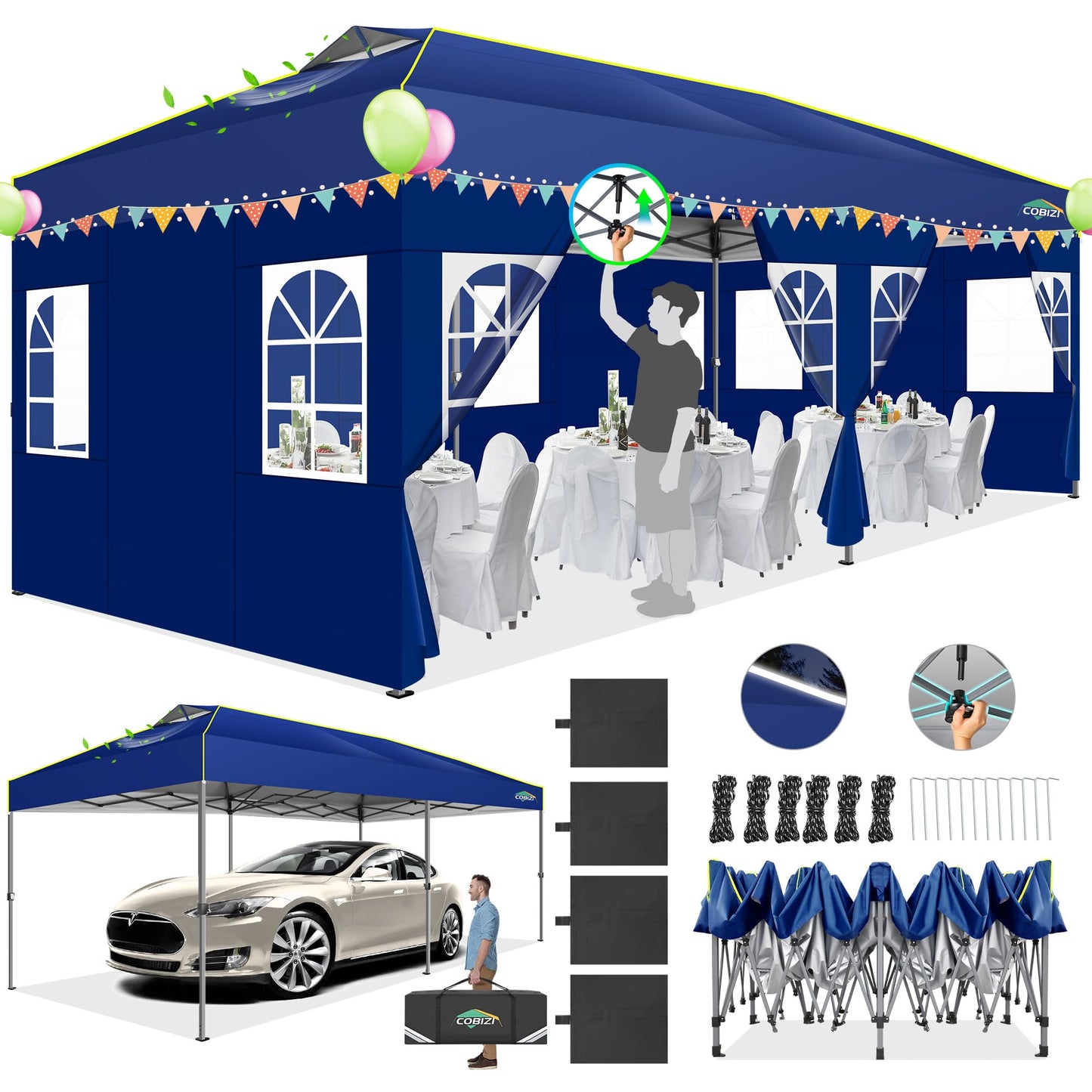 COBIZI 10x20 Pop Up Canopy with 6 Sidewalls One Push Setup Outdoor Event Shelter Waterproof UPF 50+ Gazebo Tent with Carry Bag,Air Vent,Sandbag for Wedding, Commercial, Party,Navy Blue