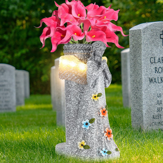 MIBUNG Cemetery Grave Flower Vase with Spikes Stake,Solar Praying Angel Lights Garden Statue,Floral Holder Headstone Tombstone Grave Marker Stone,Patio Yard Outdoor Christmas Decoration,Memorial Gifts