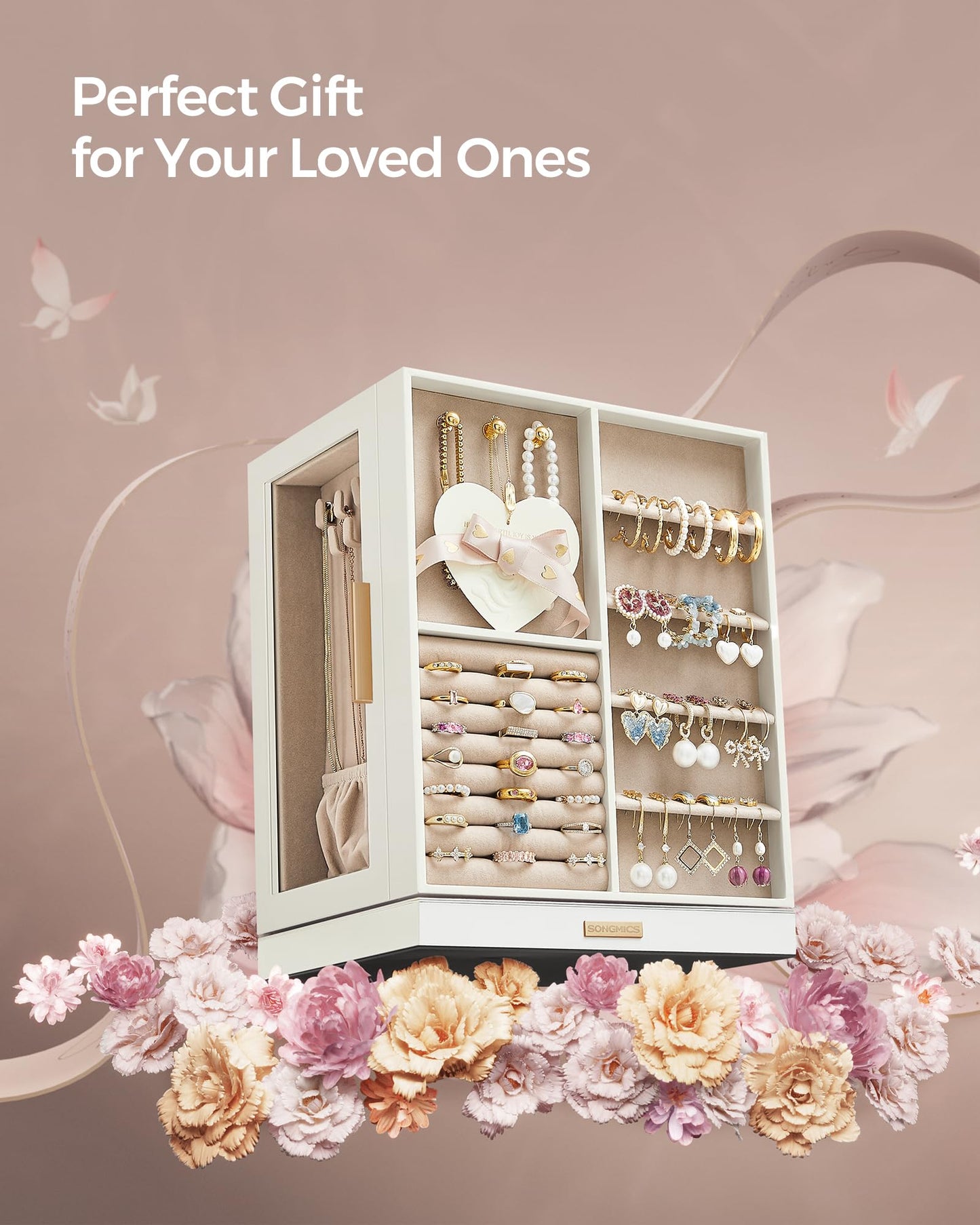 SONGMICS Jewelry Box 360° Rotating, Jewelry Storage Case with 5 Drawers, Jewelry Organizer, Glass Window, Spacious, Vertical Jewelry Storage, Open Design, Great Gift, Cloud White UJBC170W01